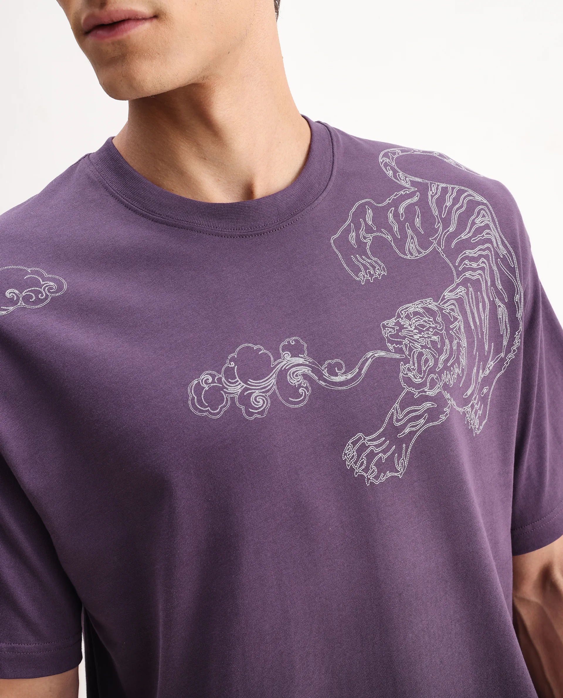 Rare Rabbit Men's Fig Dark Purple Cotton Blend Embroidered Oversized Fit Half Sleeve Crew Neck T-Shirt - Image 3
