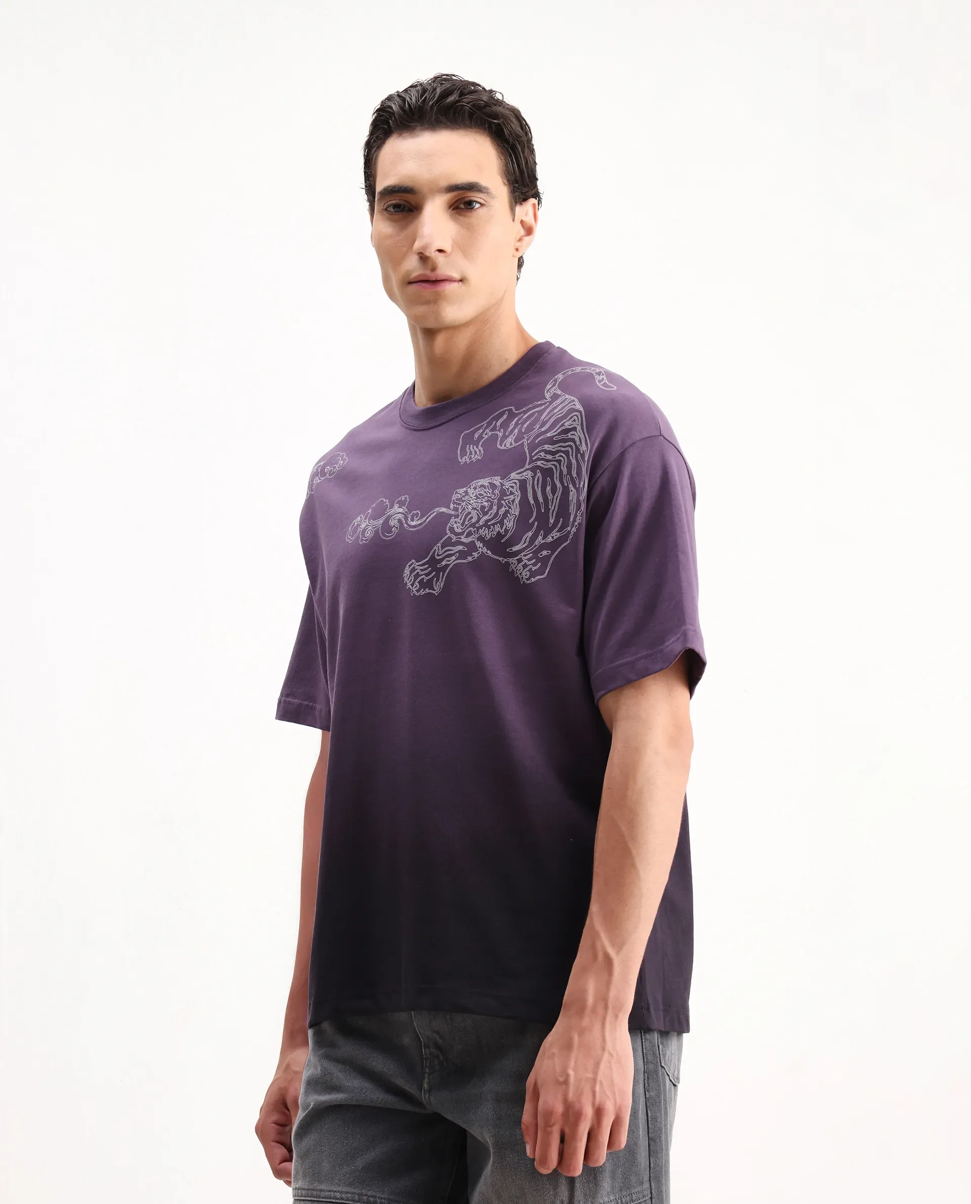 Rare Rabbit Men's Fig Dark Purple Cotton Blend Embroidered Oversized Fit Half Sleeve Crew Neck T-Shirt - Image 4