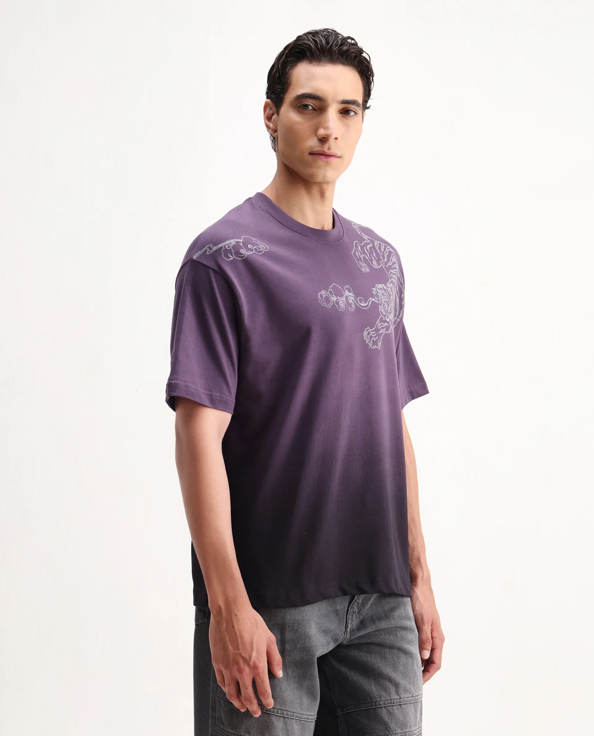 Rare Rabbit Men's Fig Dark Purple Cotton Blend Embroidered Oversized Fit Half Sleeve Crew Neck T-Shirt - Image 5