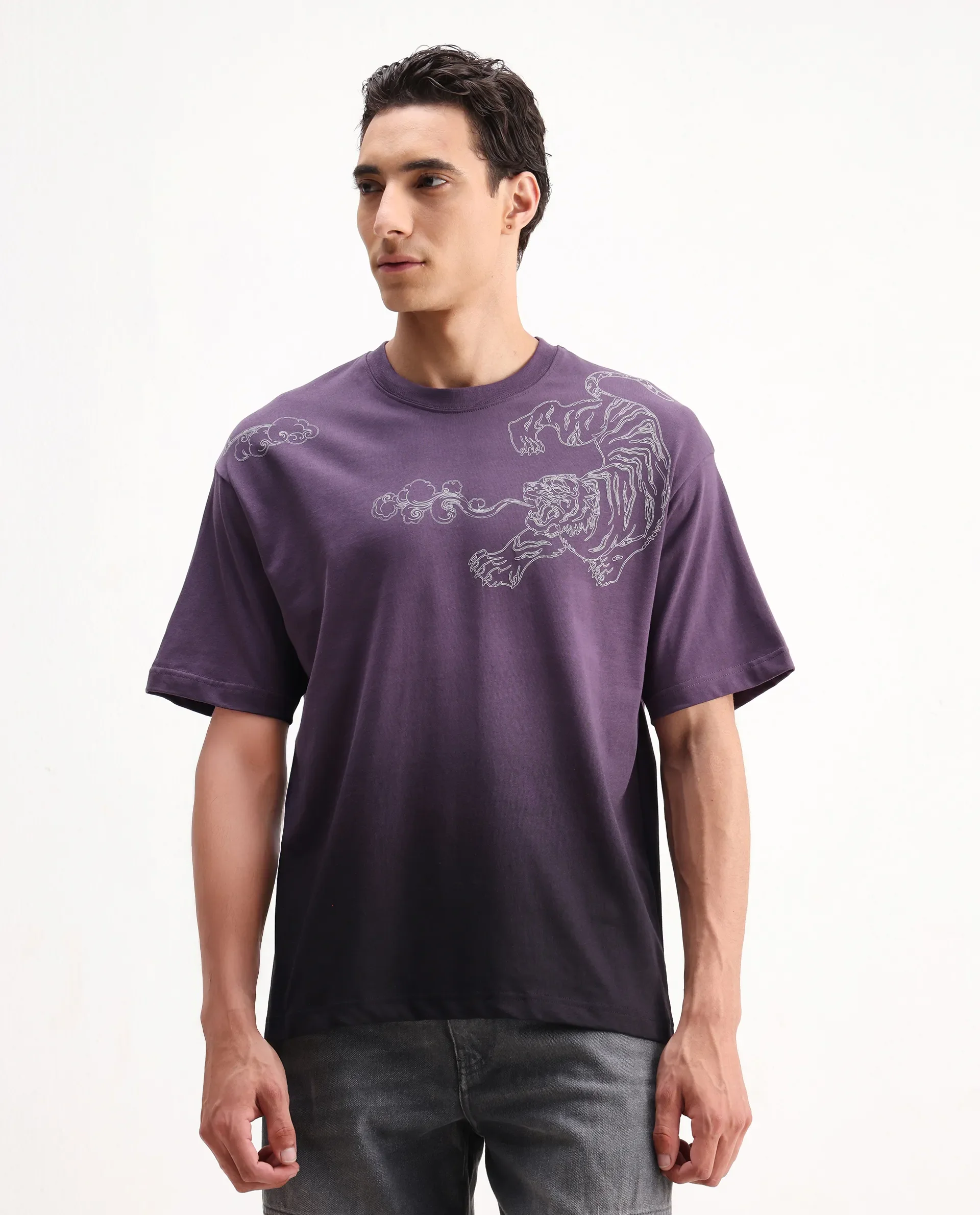 Rare Rabbit Men's Fig Dark Purple Cotton Blend Embroidered Oversized Fit Half Sleeve Crew Neck T-Shirt - Image 6