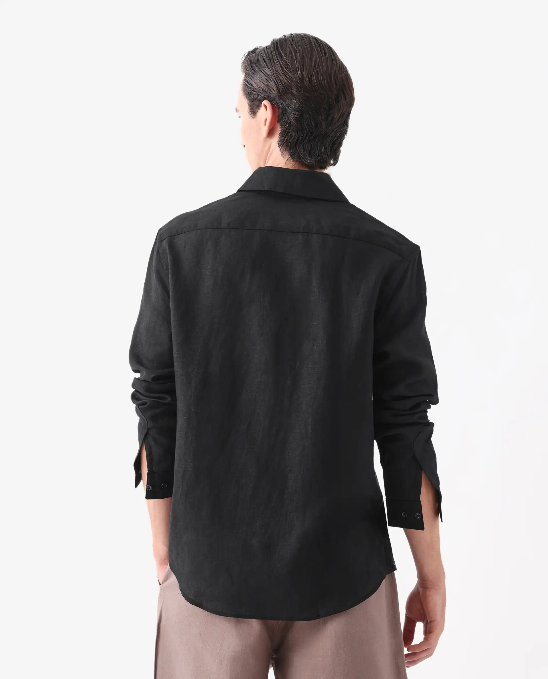 Rare Rabbit Men's Figh Black 100% Linen Plain Regular Fit Full Sleeve Collared Shirt - Image 3