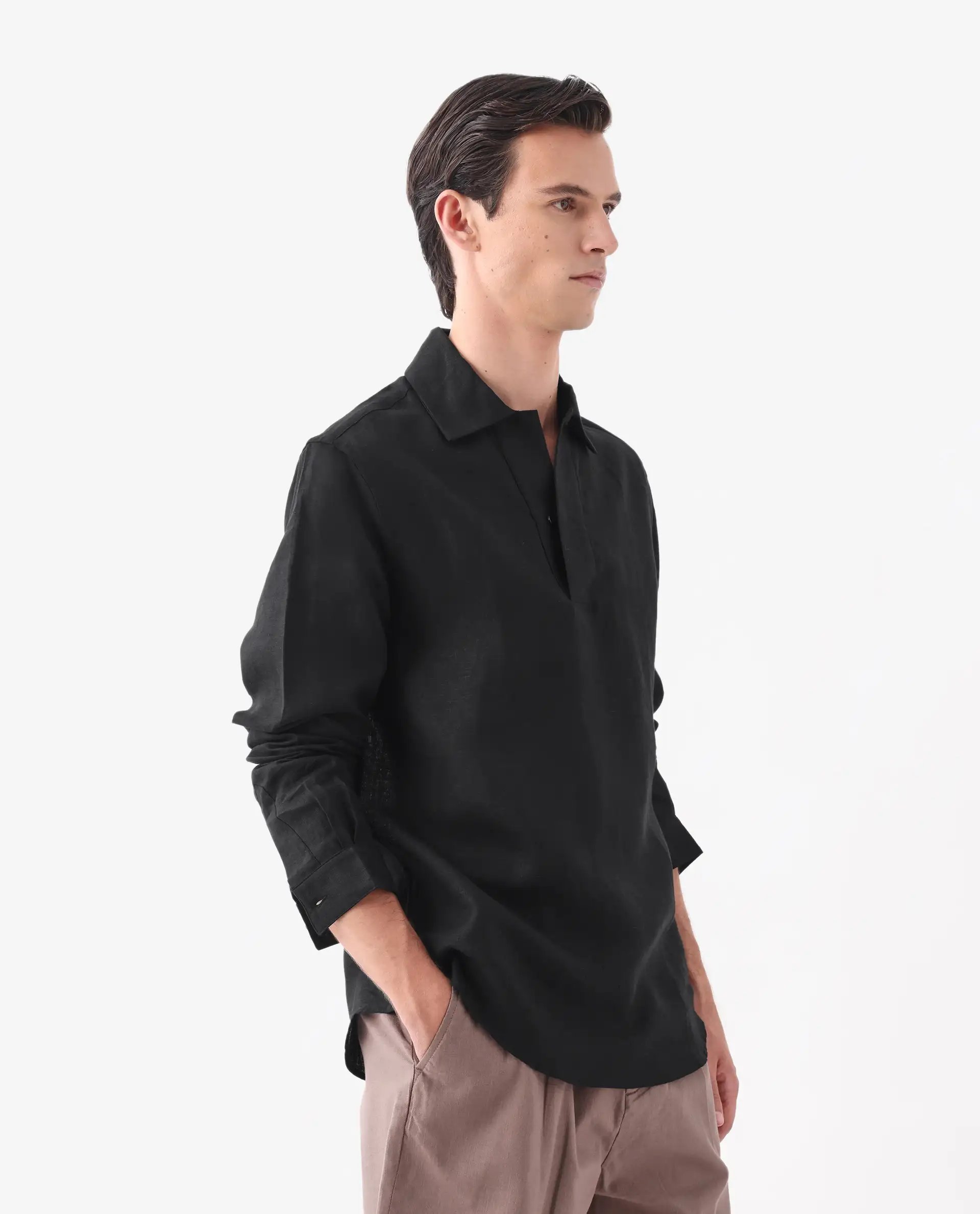 Rare Rabbit Men's Figh Black 100% Linen Plain Regular Fit Full Sleeve Collared Shirt - Image 5