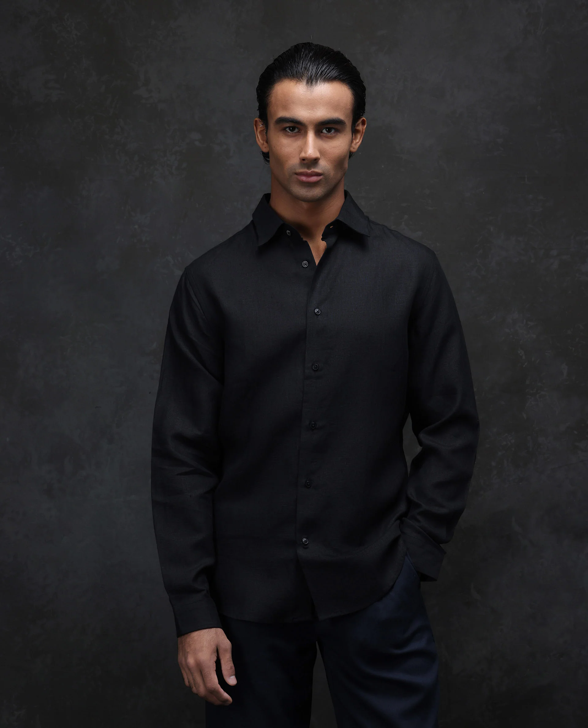Rare Rabbit Men's Fign Black 100% Linen Plain Regular Fit Full Sleeve Collared Shirt