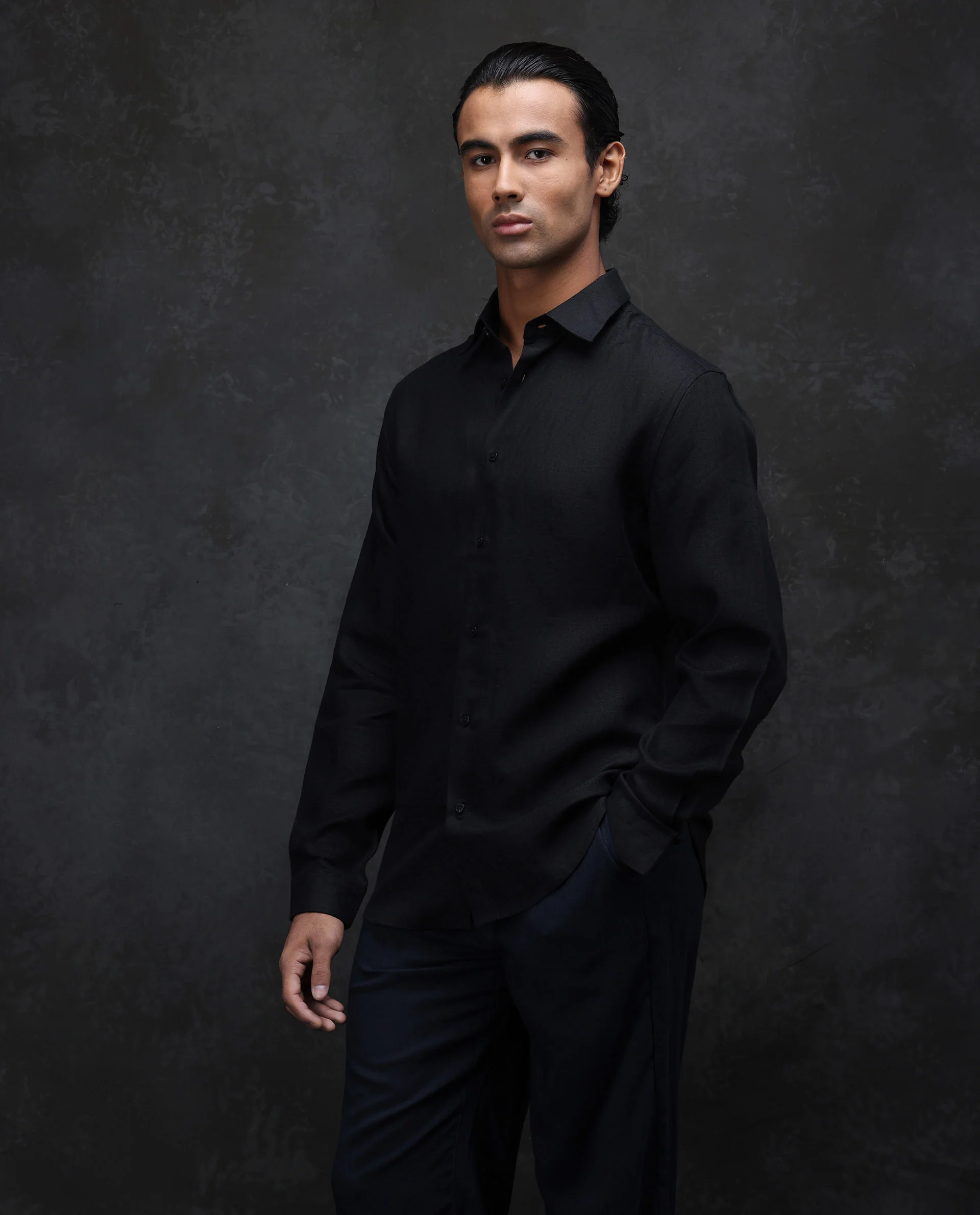 Rare Rabbit Men's Fign Black 100% Linen Plain Regular Fit Full Sleeve Collared Shirt - Image 3