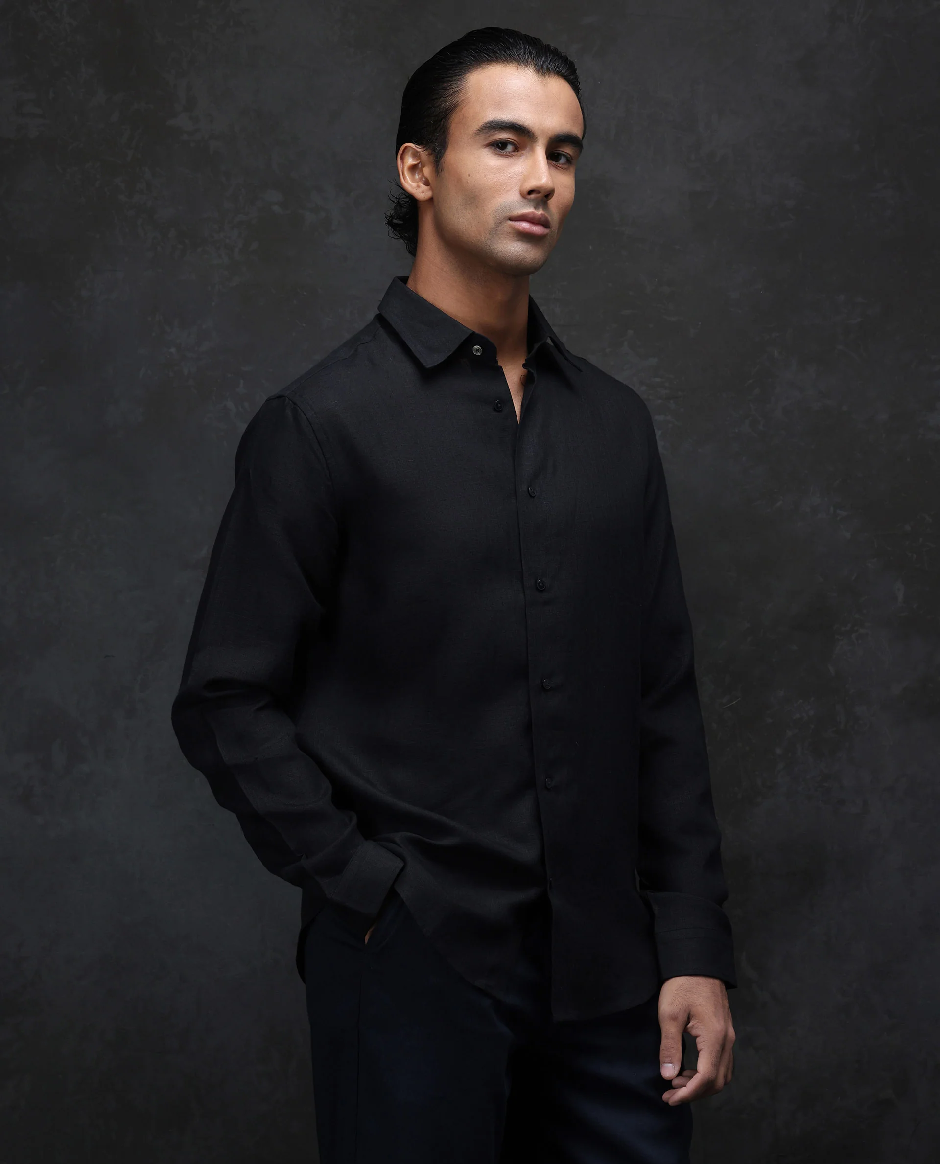 Rare Rabbit Men's Fign Black 100% Linen Plain Regular Fit Full Sleeve Collared Shirt - Image 4