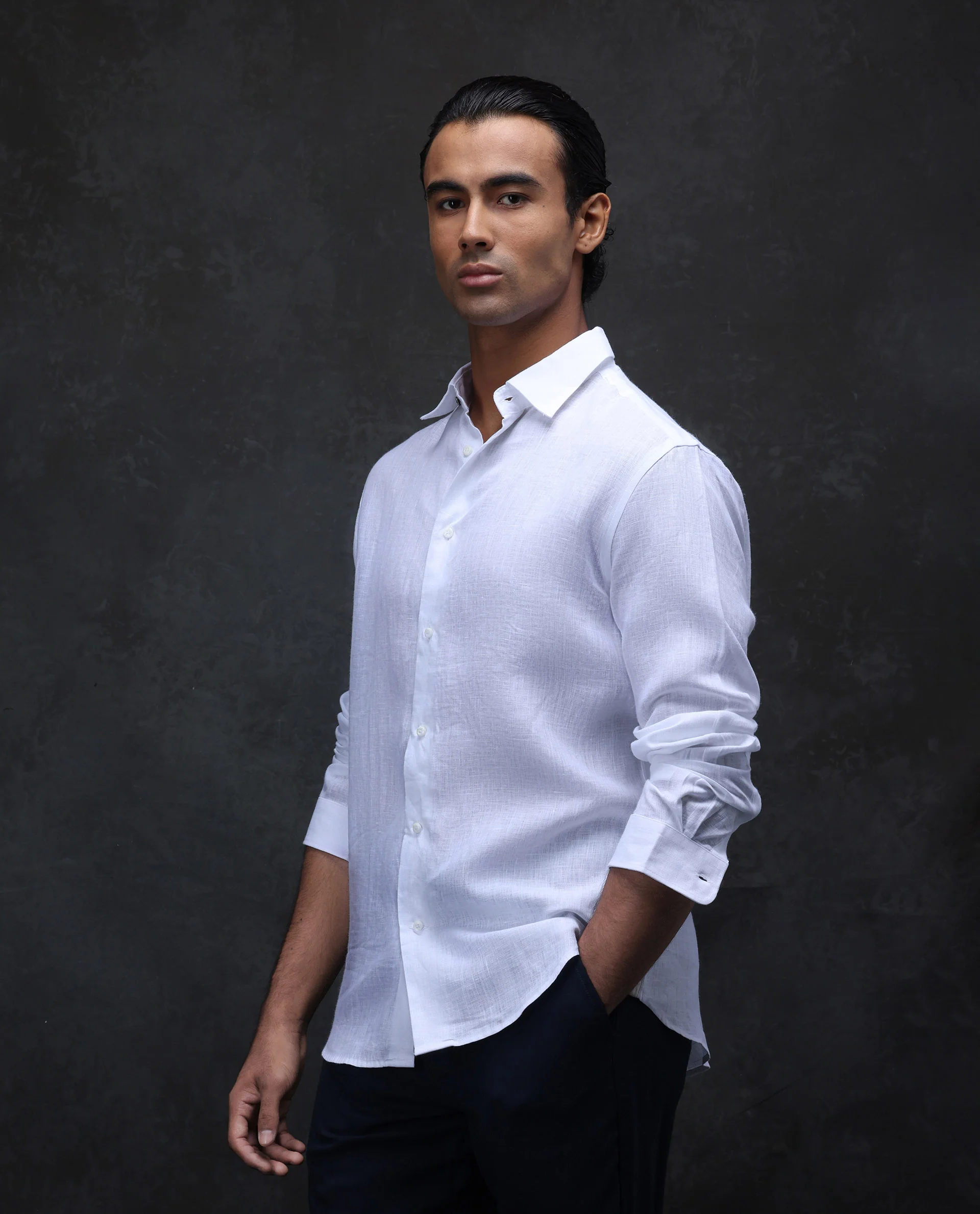 Rare Rabbit Men's Fign White 100% Linen Plain Regular Fit Full Sleeve Collared Shirt - Image 4