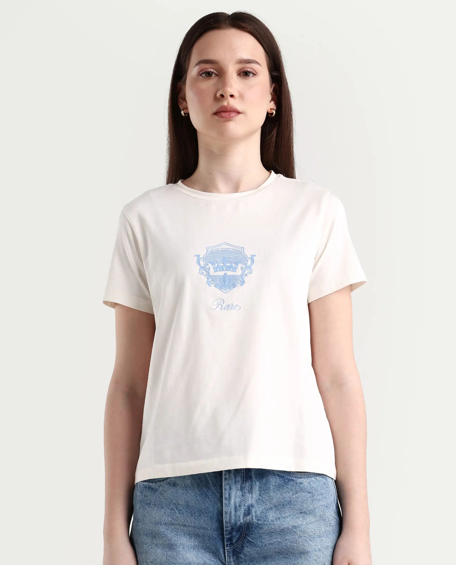 Rareism Women's Fila - Off White Cotton Blend Crew Neck Graphic Print Regular Fit T-Shirt - Image 2