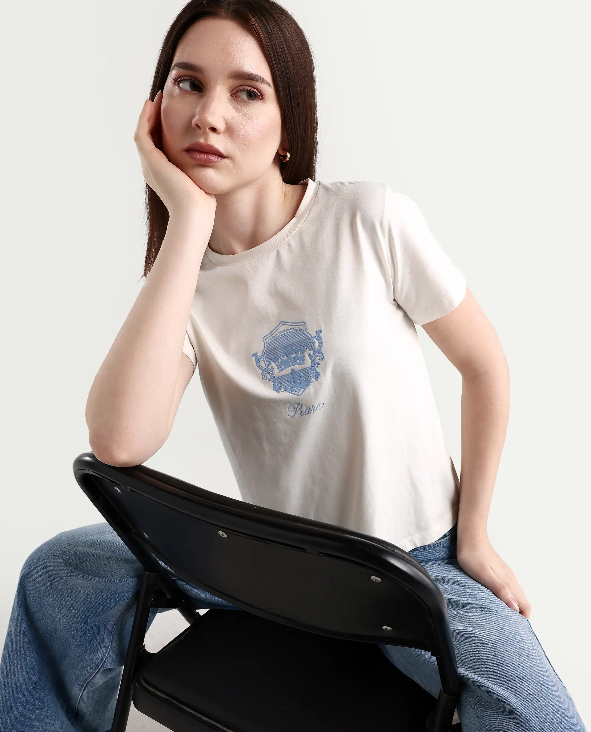 Rareism Women's Fila - Off White Cotton Blend Crew Neck Graphic Print Regular Fit T-Shirt - Image 3