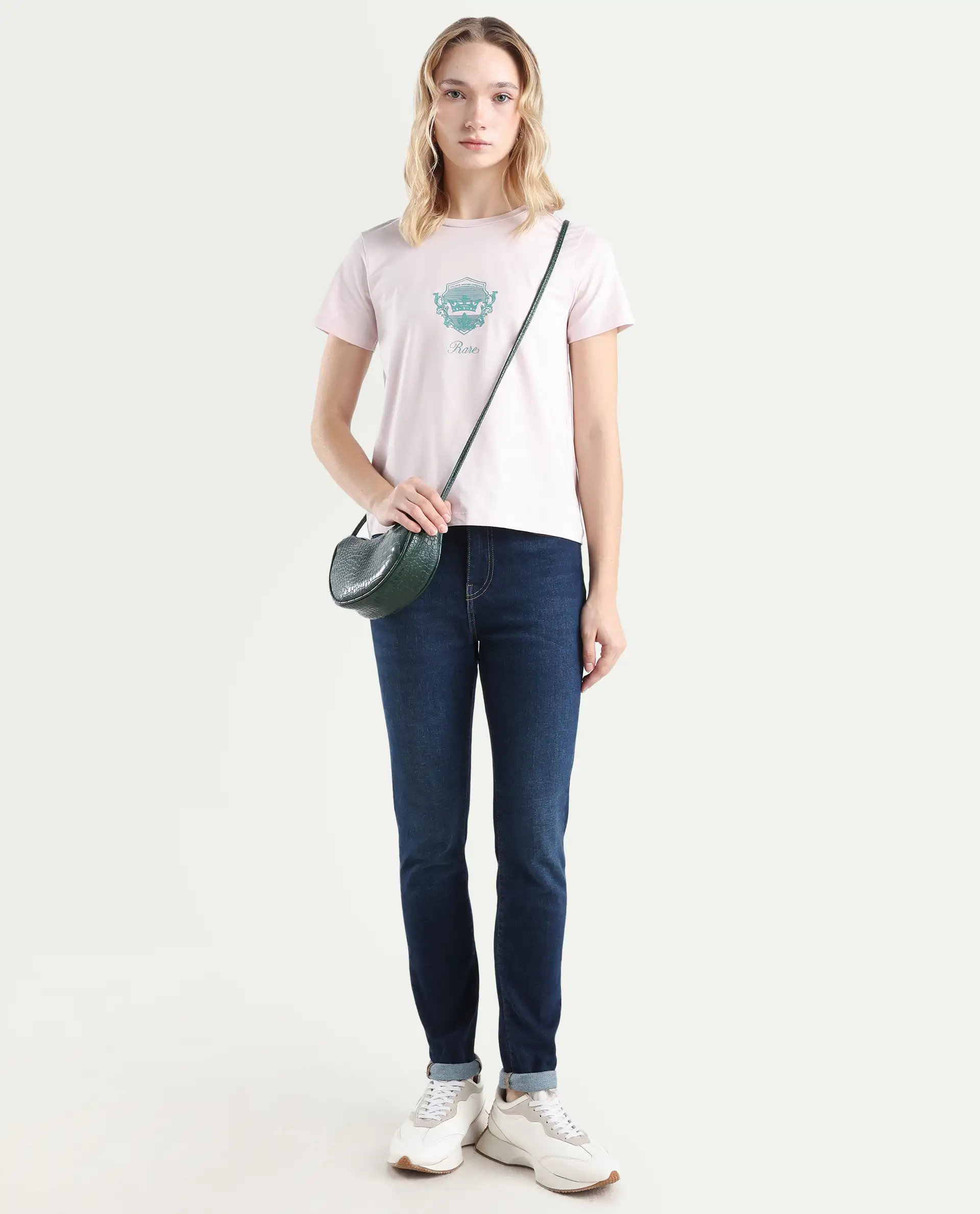 Rareism Women's Fila Pastel Pink Cotton Blend Crew Neck Graphic Print Regular Fit T-Shirt - Image 2