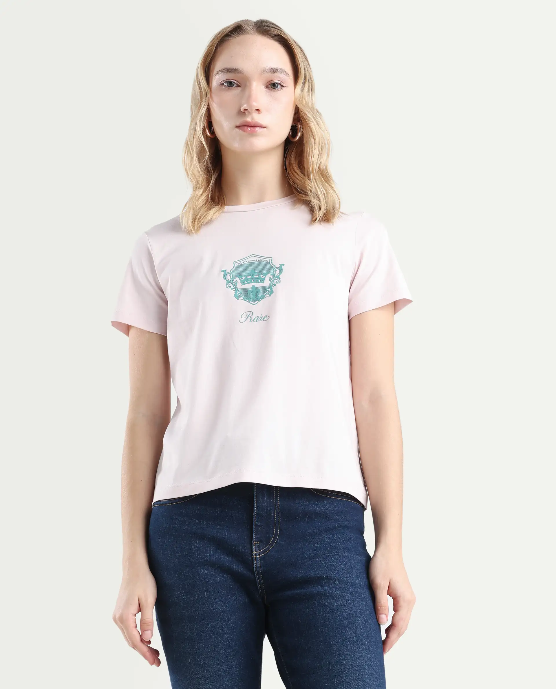 Rareism Women's Fila Pastel Pink Cotton Blend Crew Neck Graphic Print Regular Fit T-Shirt - Image 3