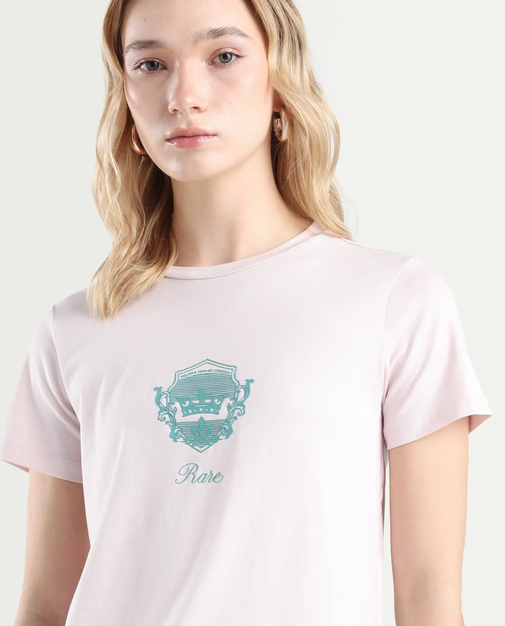 Rareism Women's Fila Pastel Pink Cotton Blend Crew Neck Graphic Print Regular Fit T-Shirt - Image 4