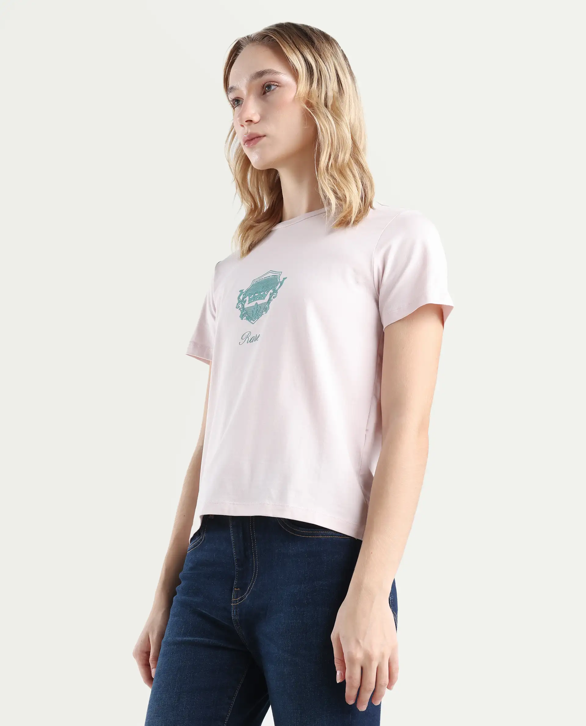 Rareism Women's Fila Pastel Pink Cotton Blend Crew Neck Graphic Print Regular Fit T-Shirt - Image 5