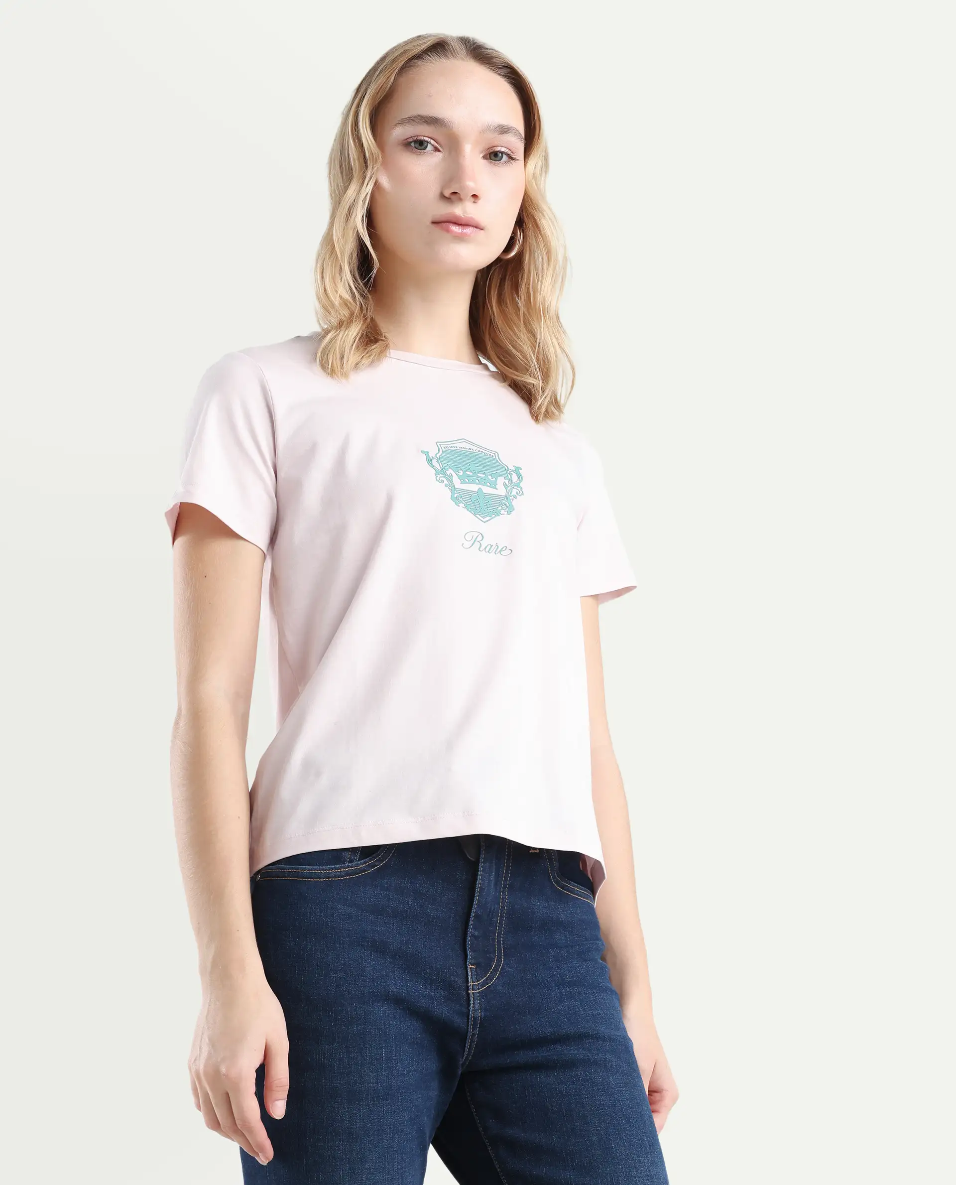 Rareism Women's Fila Pastel Pink Cotton Blend Crew Neck Graphic Print Regular Fit T-Shirt - Image 6