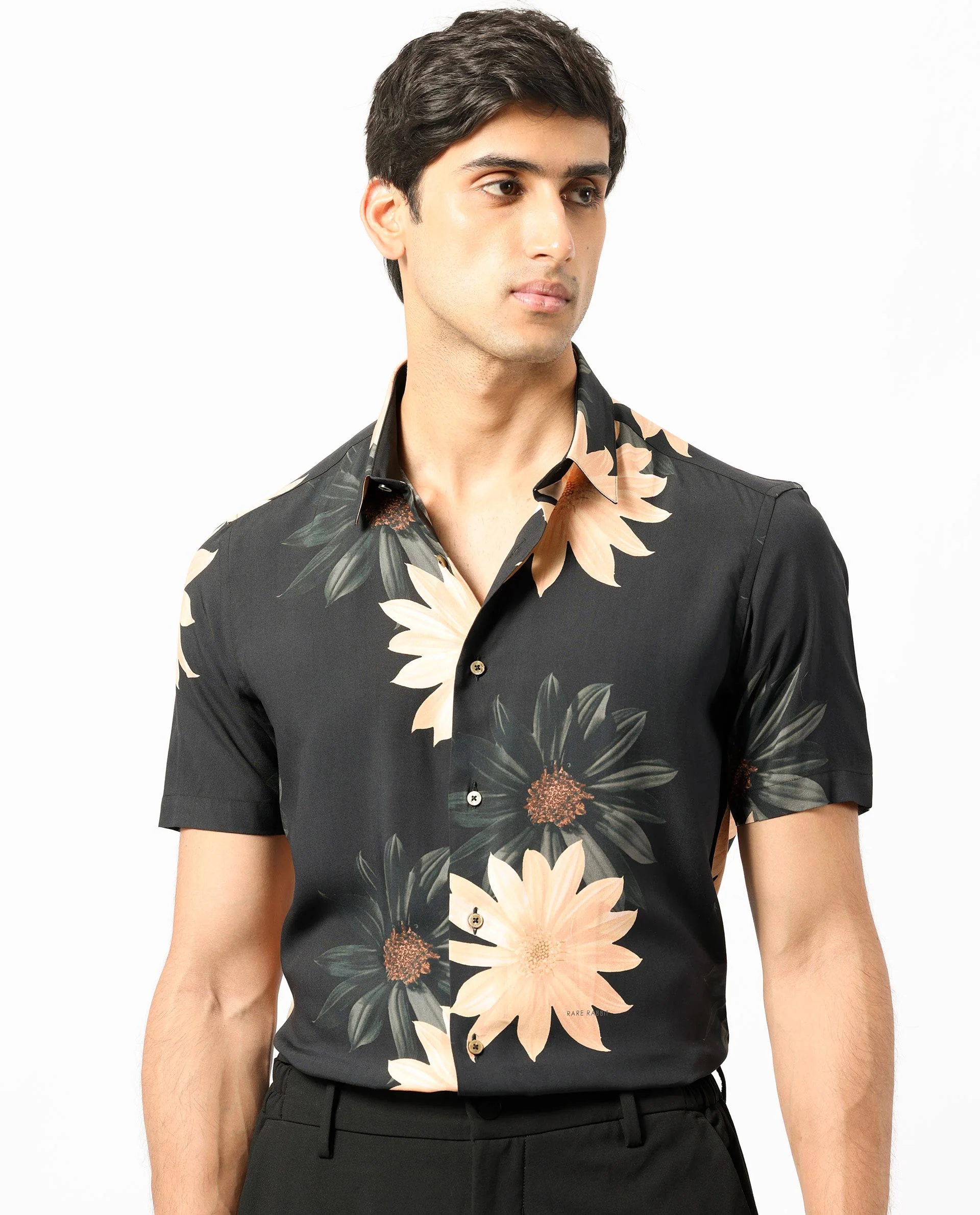 Rare Rabbit Men's Filch Black Floral Print Regular Fit Half Sleeve Collared Shirt - Image 2