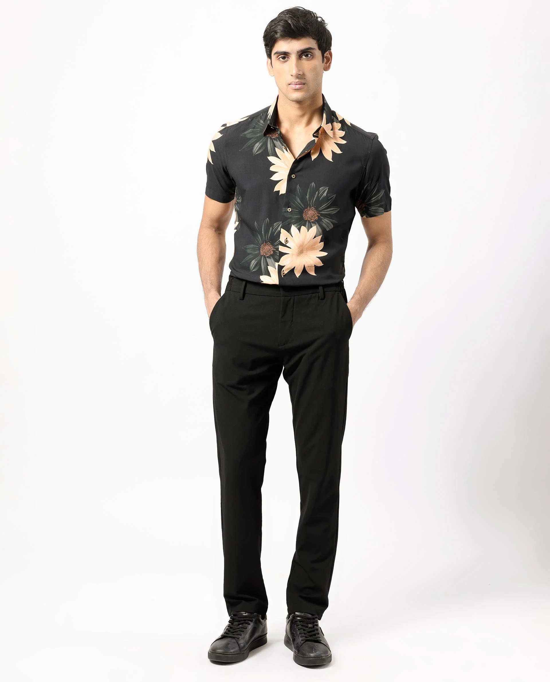 Rare Rabbit Men's Filch Black Floral Print Regular Fit Half Sleeve Collared Shirt - Image 3