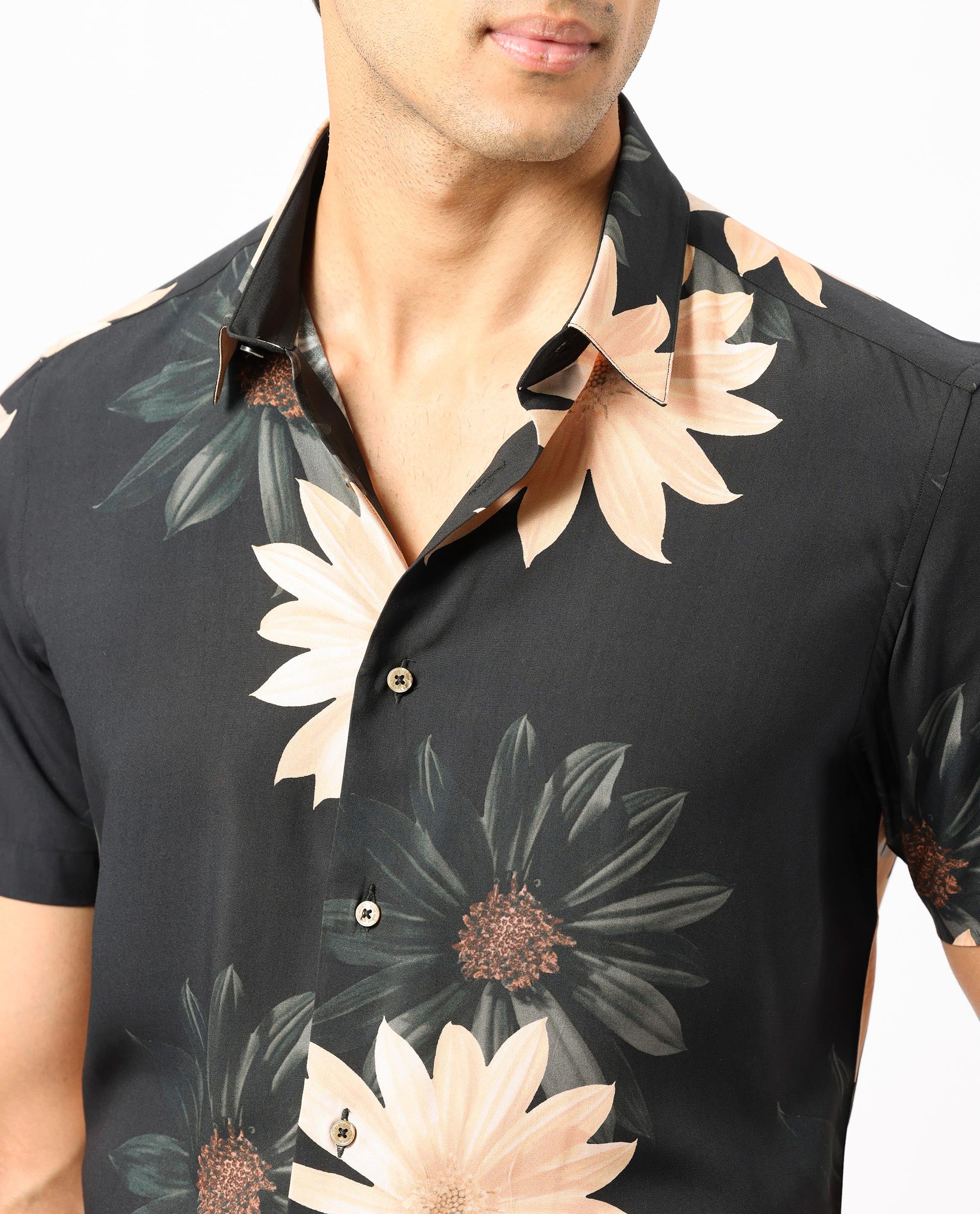 Rare Rabbit Men's Filch Black Floral Print Regular Fit Half Sleeve Collared Shirt - Image 4