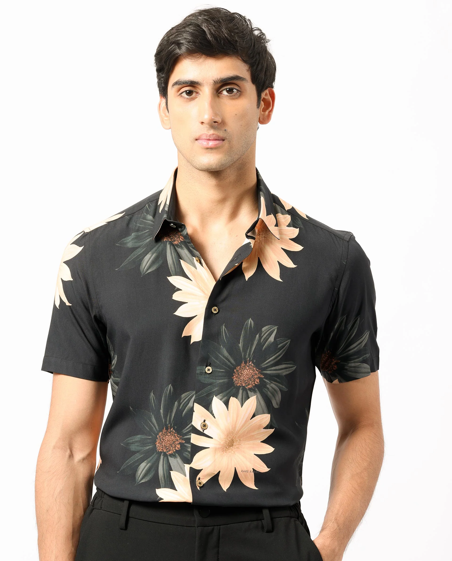 Rare Rabbit Men's Filch Black Floral Print Regular Fit Half Sleeve Collared Shirt - Image 8