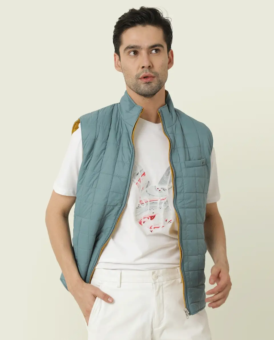 Rare Rabbit Men's Fillex Blue Nylon Plain Regular Fit Sleeveless Mandarin Collar Jacket