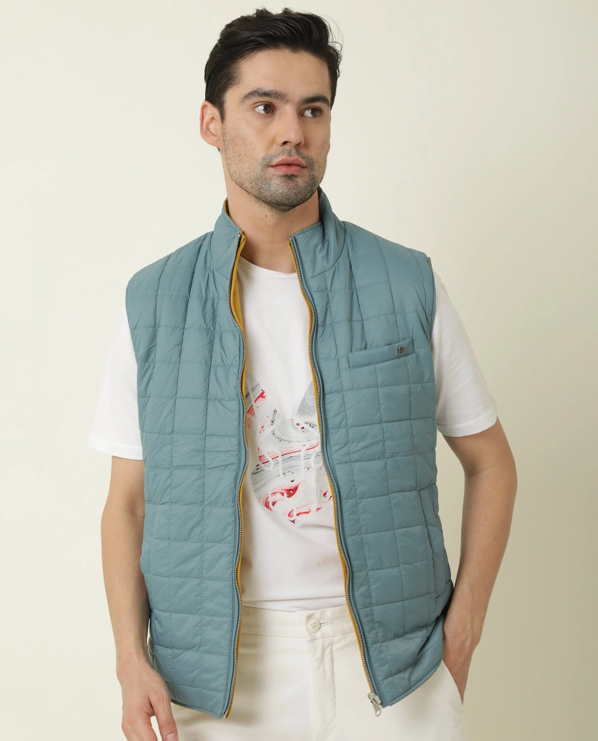 Rare Rabbit Men's Fillex Blue Nylon Plain Regular Fit Sleeveless Mandarin Collar Jacket - Image 5