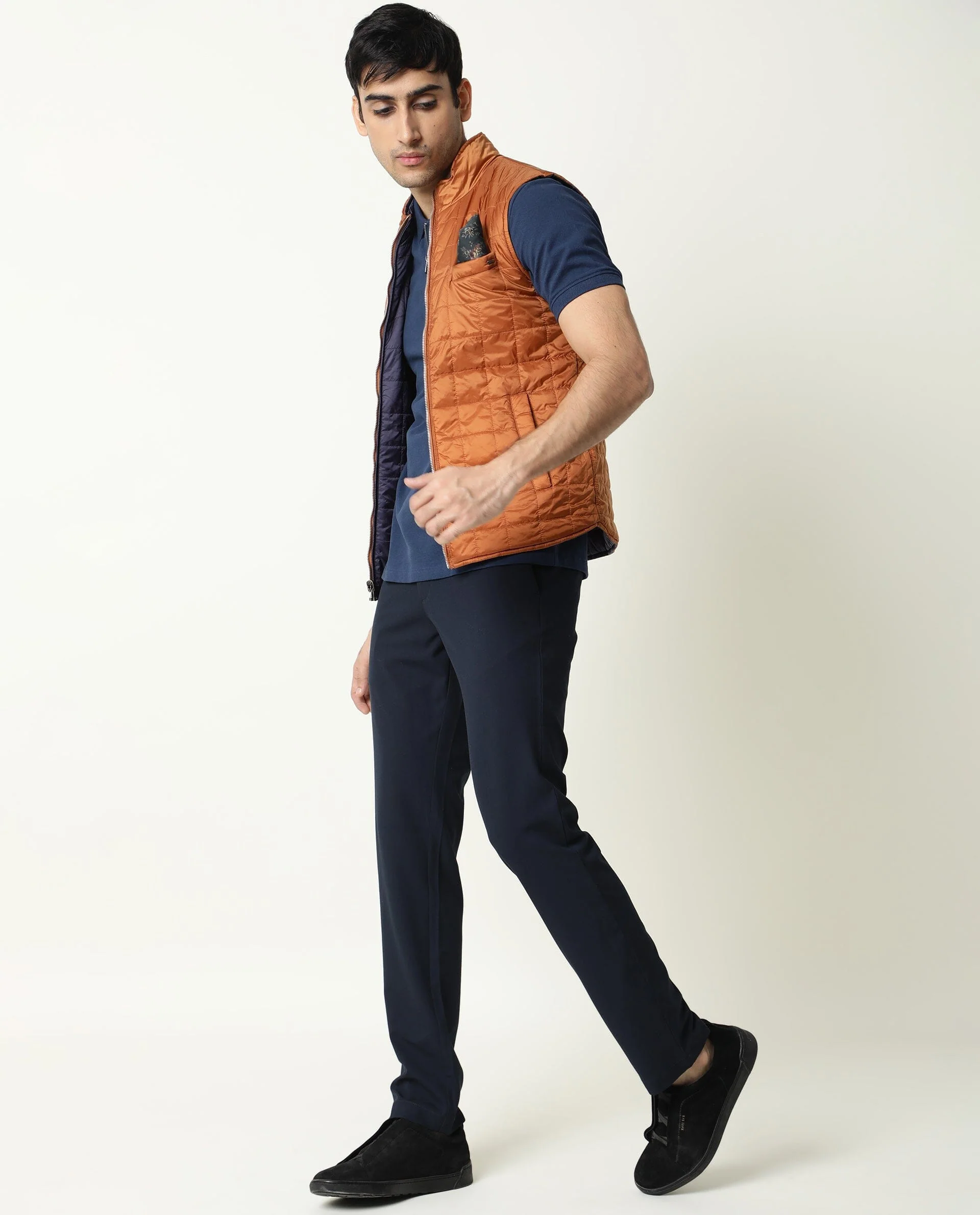 Rare Rabbit Men's Fillex Dark Blue Nylon Plain Regular Fit Sleeveless Mandarin Collar Jacket - Image 3