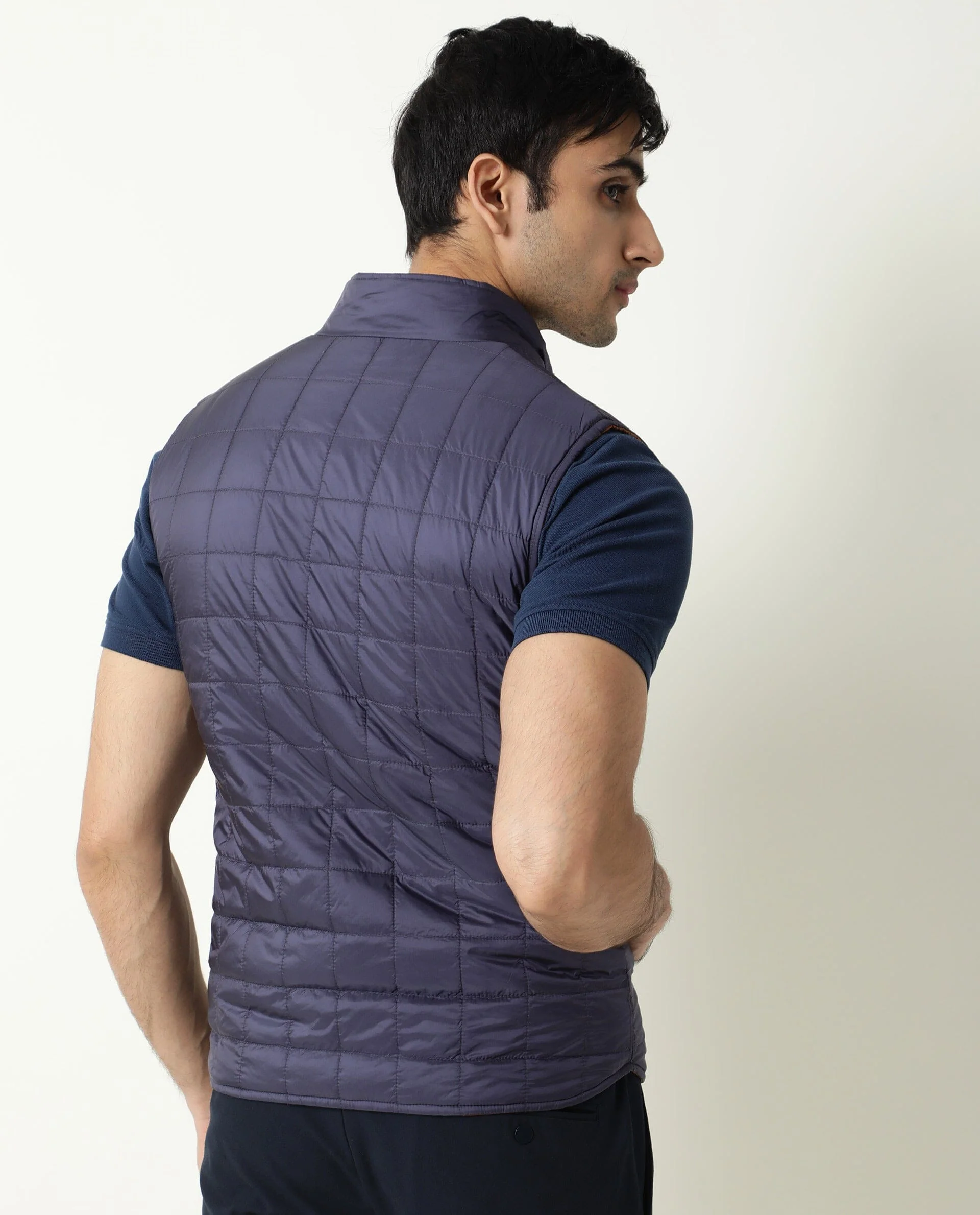 Rare Rabbit Men's Fillex Dark Blue Nylon Plain Regular Fit Sleeveless Mandarin Collar Jacket - Image 6