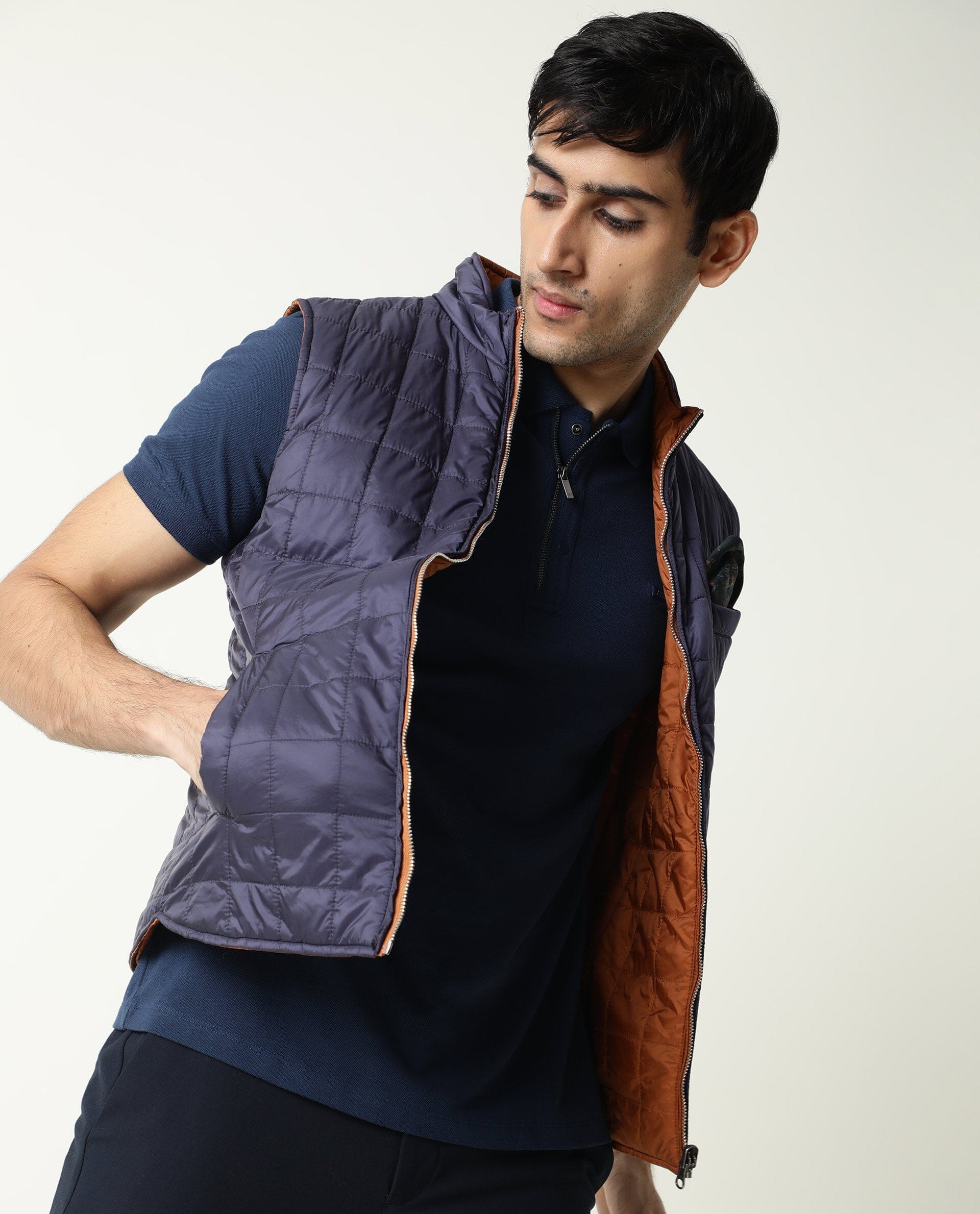 Rare Rabbit Men's Fillex Dark Blue Nylon Plain Regular Fit Sleeveless Mandarin Collar Jacket - Image 7