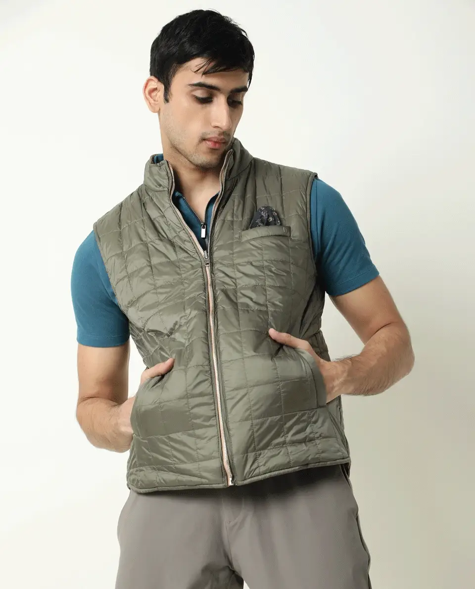 Rare Rabbit Men's Fillex Olive Nylon Plain Regular Fit Sleeveless Mandarin Collar Jacket