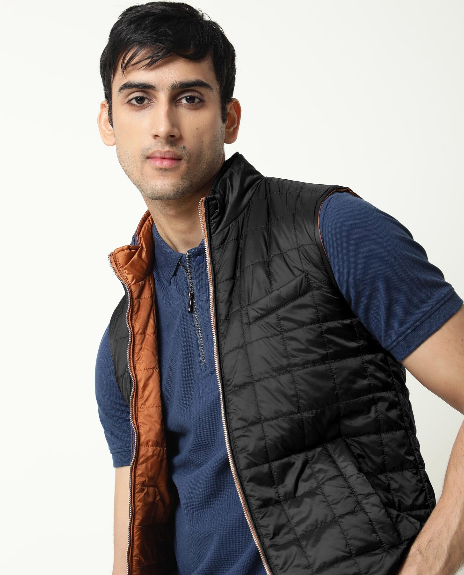 Rare Rabbit Men's Fillex Orange Nylon Plain Regular Fit Sleeveless Mandarin Collar Jacket - Image 3