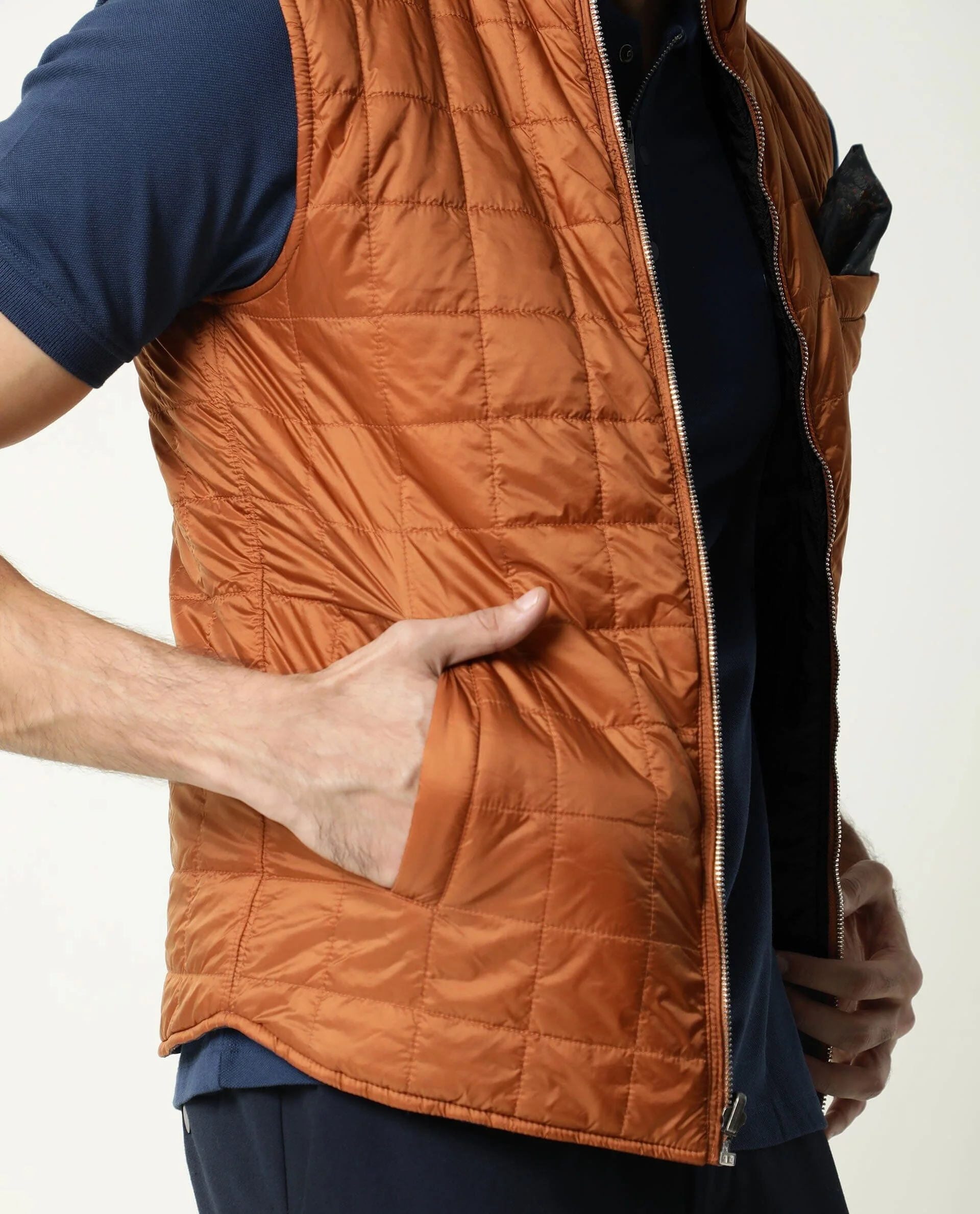 Rare Rabbit Men's Fillex Orange Nylon Plain Regular Fit Sleeveless Mandarin Collar Jacket - Image 4