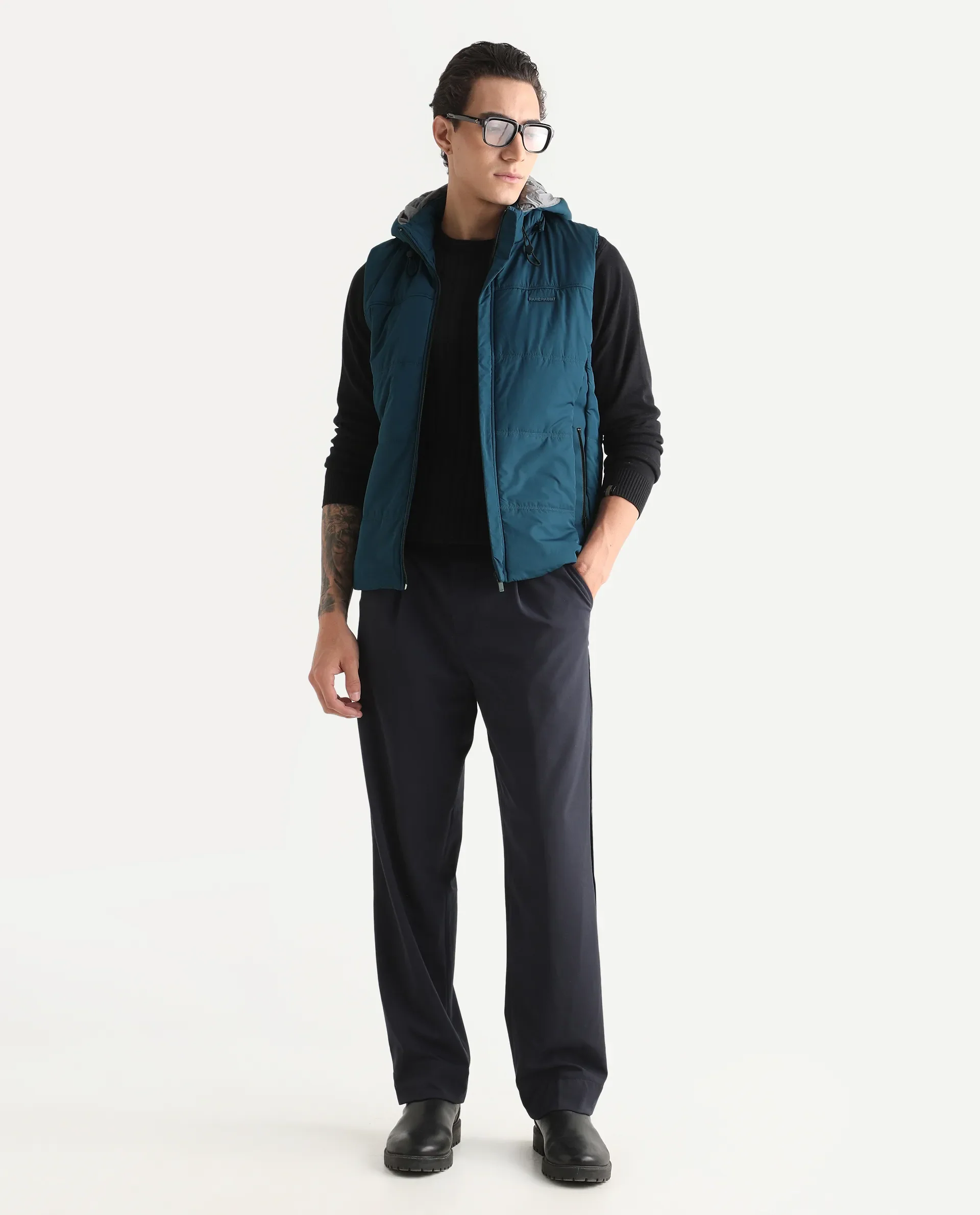 Rare Rabbit Men's Filly Blue Nylon Plain Regular Fit Sleeveless Hooded Jacket - Image 2