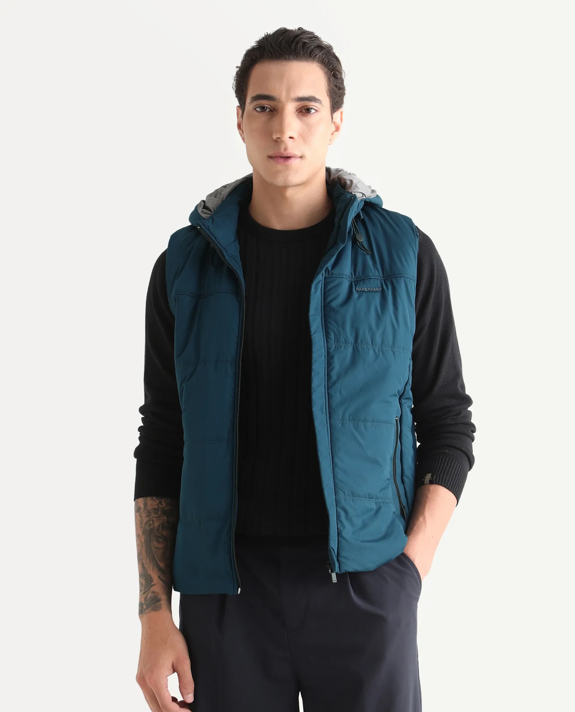 Rare Rabbit Men's Filly Blue Nylon Plain Regular Fit Sleeveless Hooded Jacket - Image 3