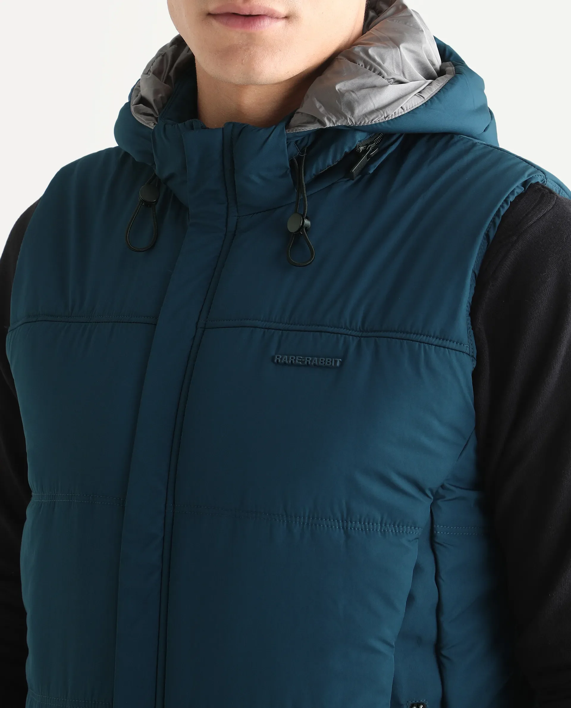 Rare Rabbit Men's Filly Blue Nylon Plain Regular Fit Sleeveless Hooded Jacket - Image 4