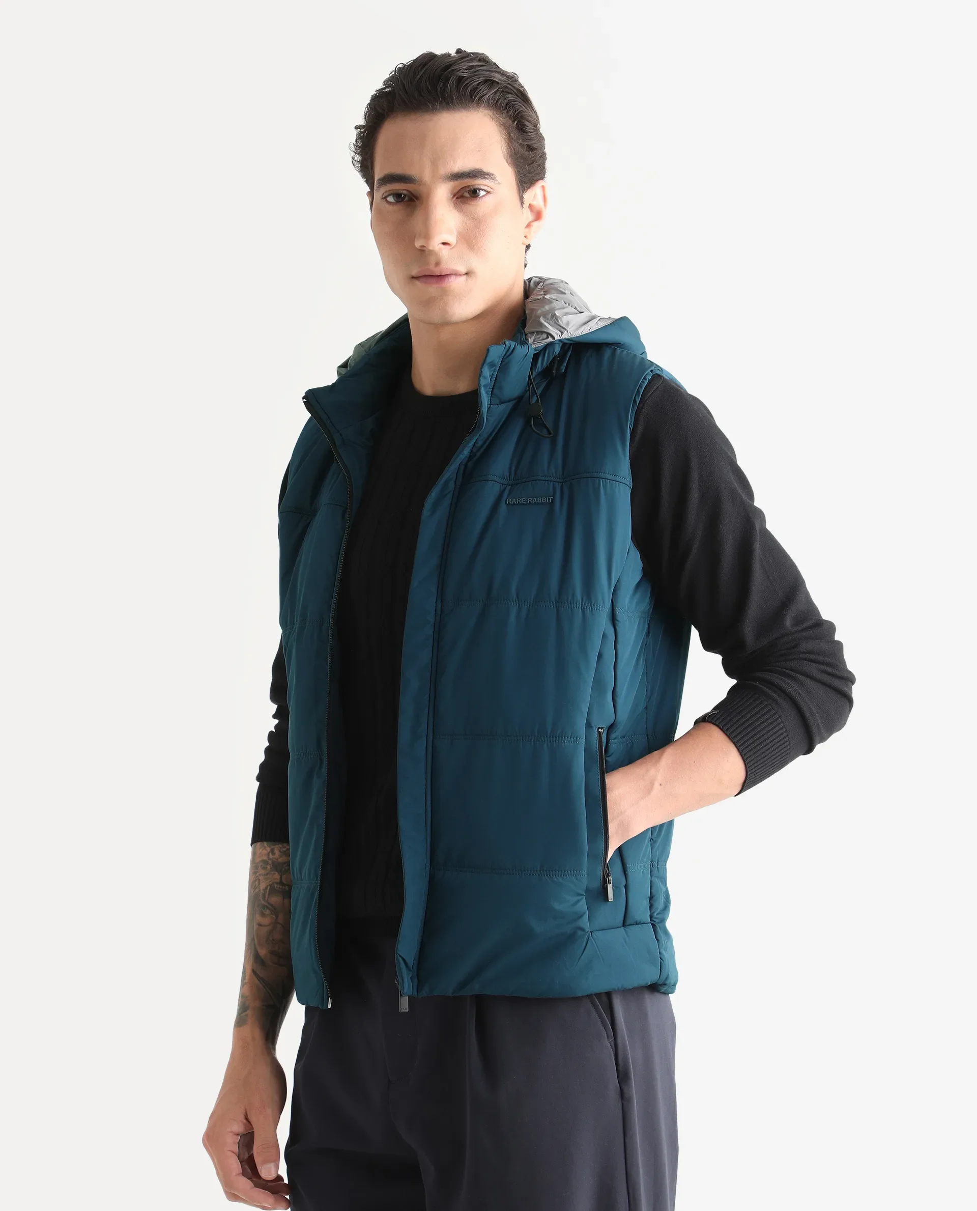 Rare Rabbit Men's Filly Blue Nylon Plain Regular Fit Sleeveless Hooded Jacket - Image 5