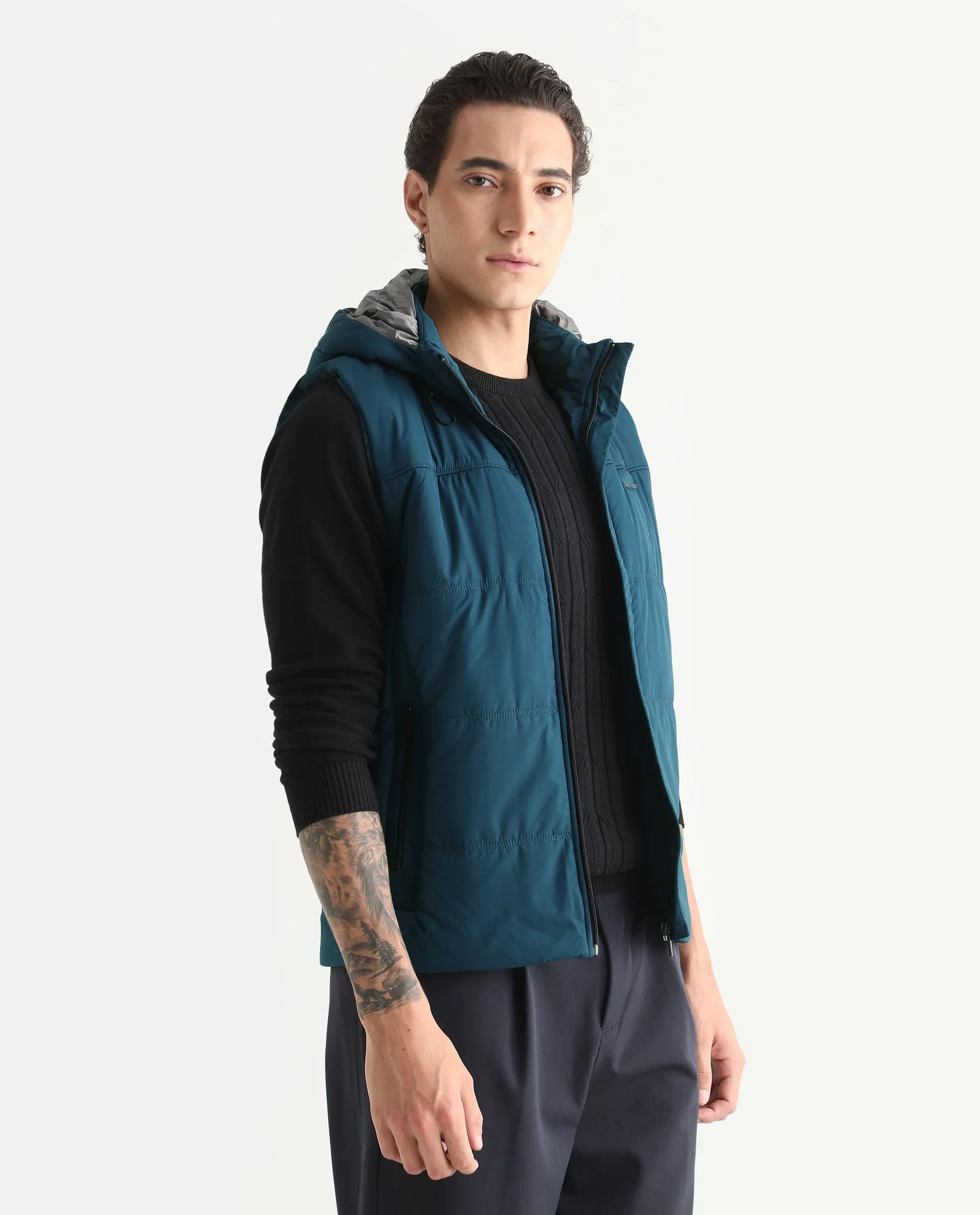 Rare Rabbit Men's Filly Blue Nylon Plain Regular Fit Sleeveless Hooded Jacket - Image 6