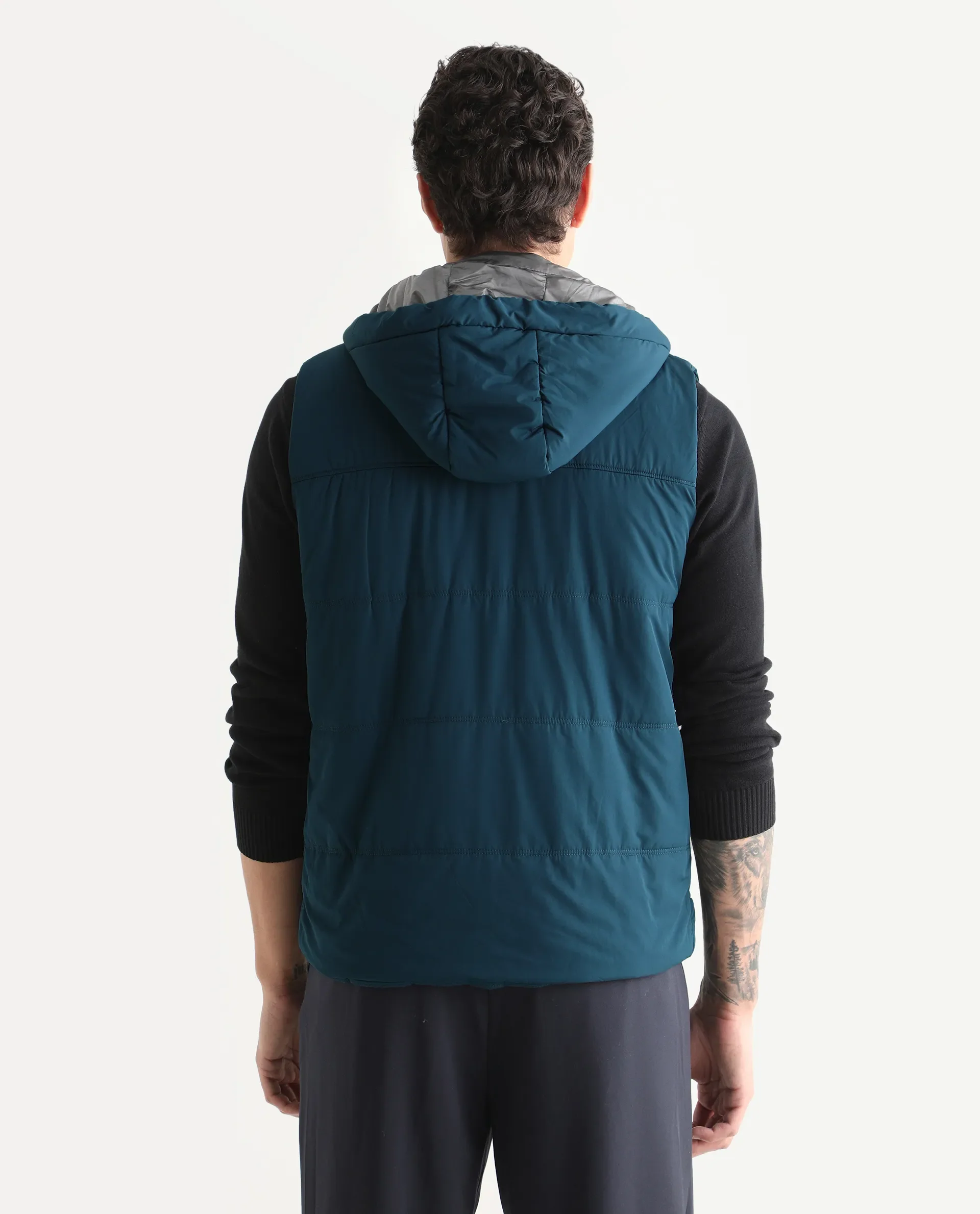 Rare Rabbit Men's Filly Blue Nylon Plain Regular Fit Sleeveless Hooded Jacket - Image 7