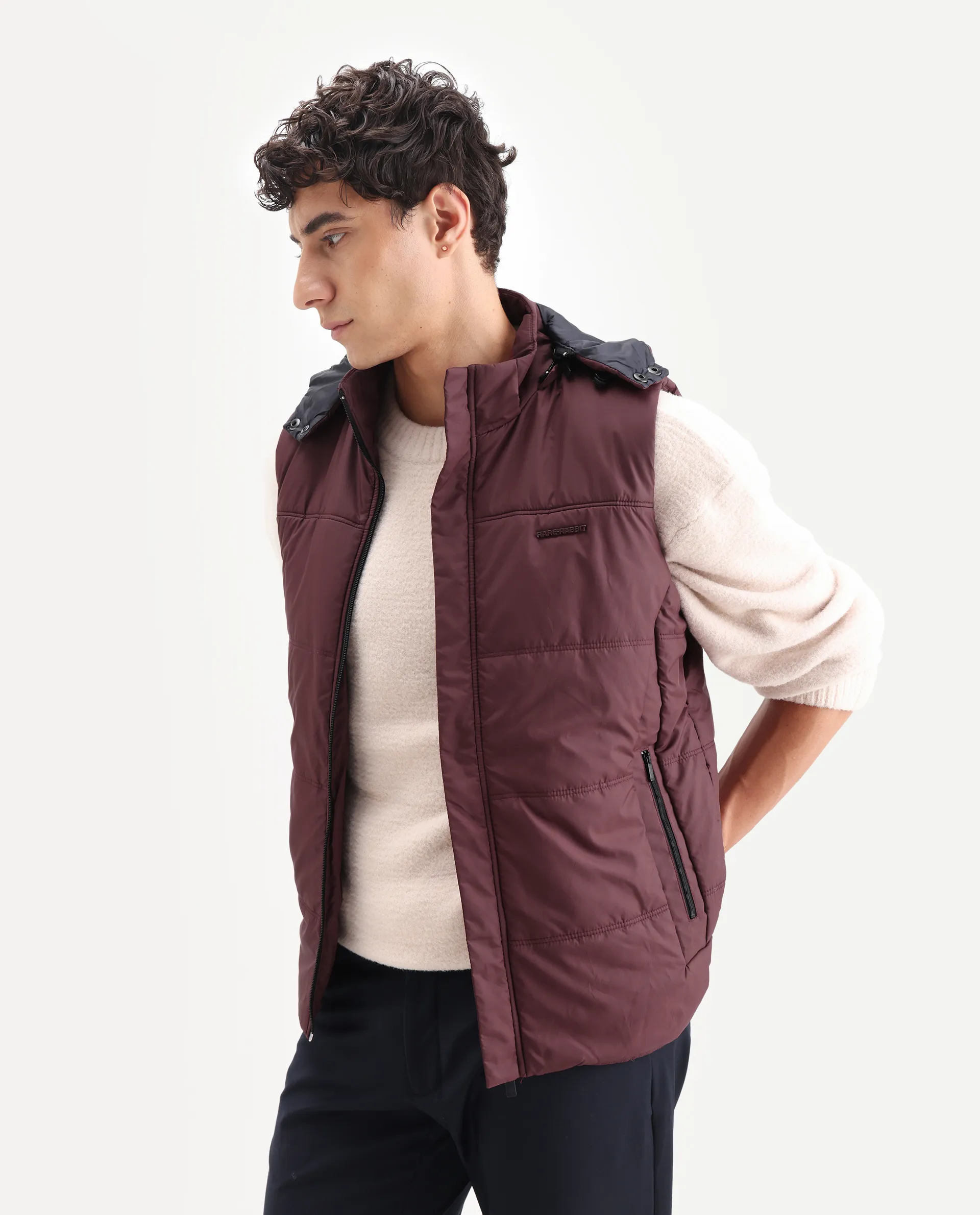Rare Rabbit Men's Filly Maroon Plain Regular Fit Sleeveless High Neck Jacket