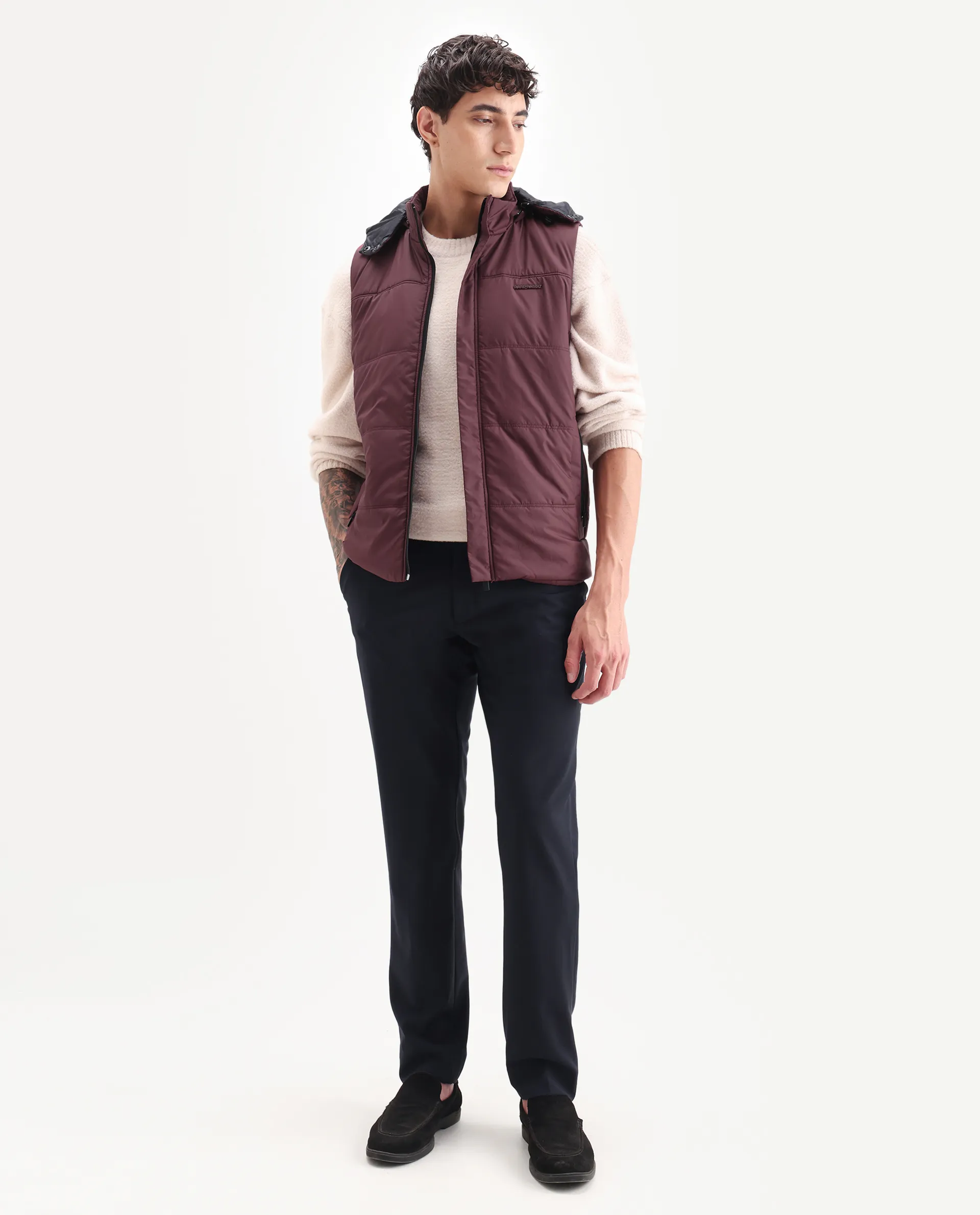 Rare Rabbit Men's Filly Maroon Plain Regular Fit Sleeveless High Neck Jacket - Image 2