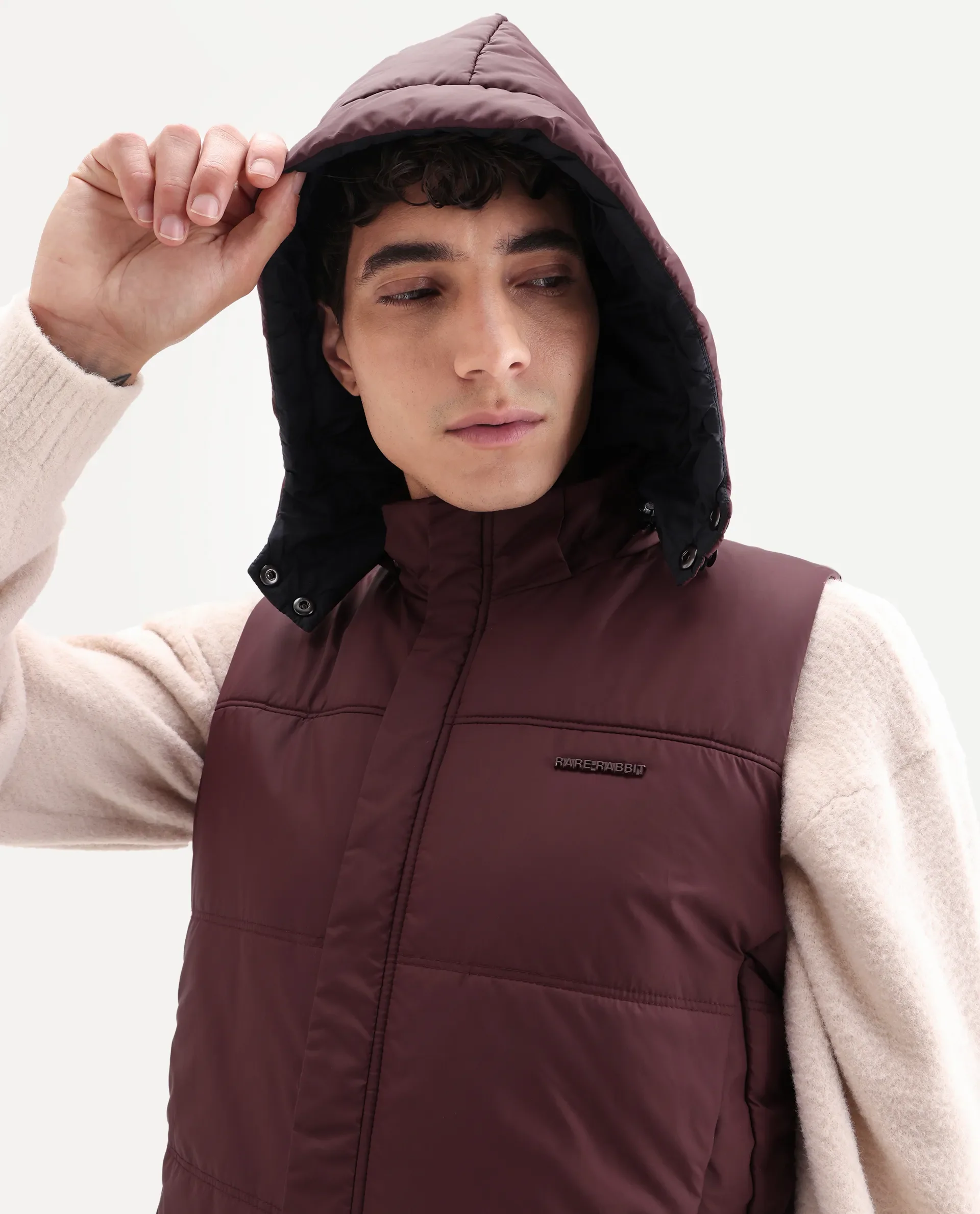Rare Rabbit Men's Filly Maroon Plain Regular Fit Sleeveless High Neck Jacket - Image 3