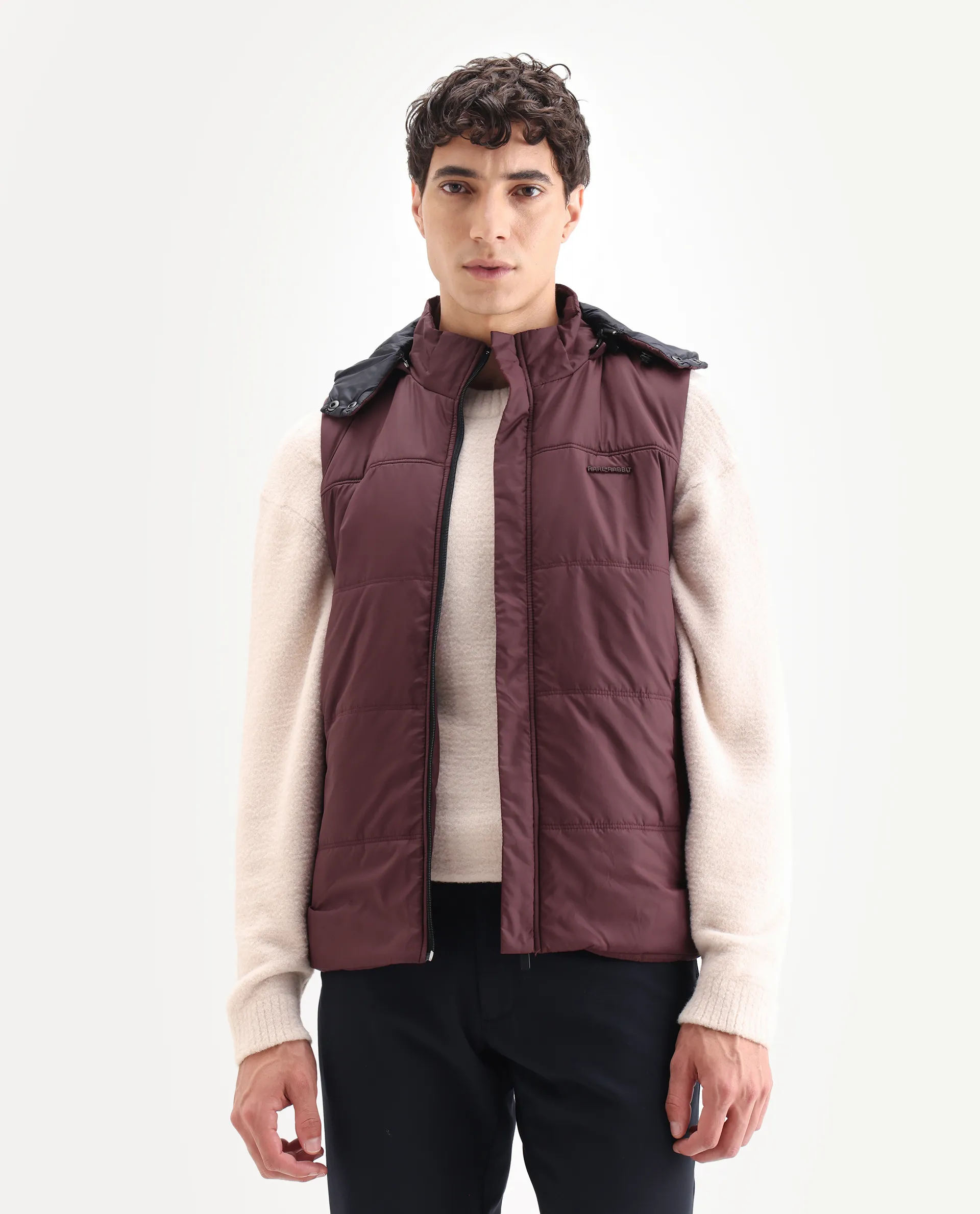 Rare Rabbit Men's Filly Maroon Plain Regular Fit Sleeveless High Neck Jacket - Image 4