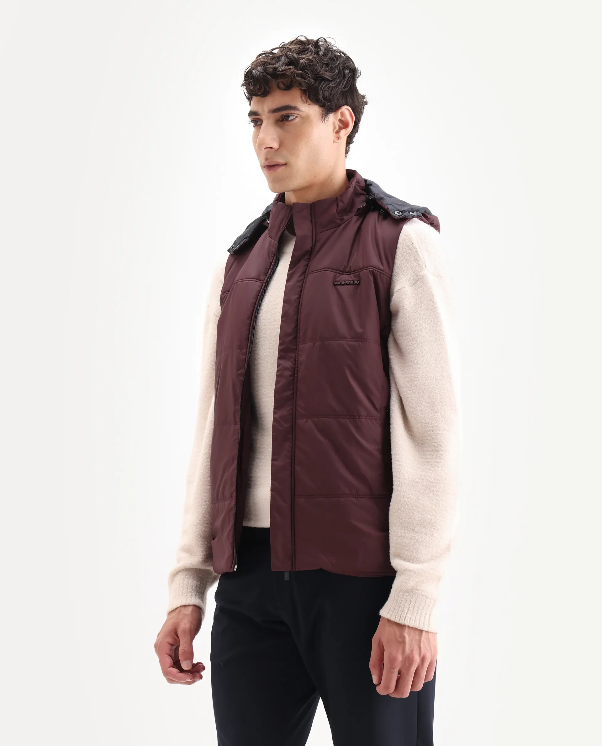 Rare Rabbit Men's Filly Maroon Plain Regular Fit Sleeveless High Neck Jacket - Image 5