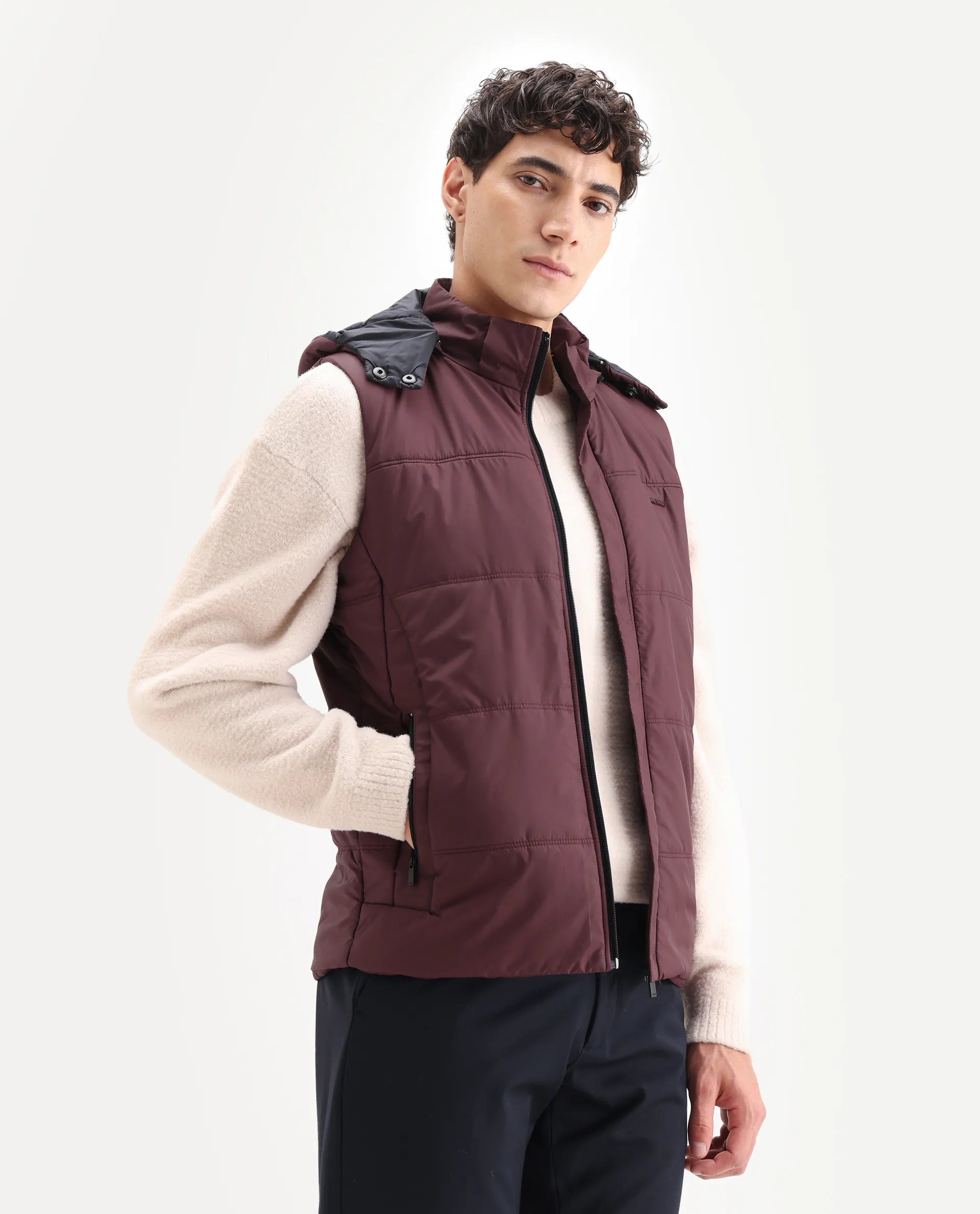 Rare Rabbit Men's Filly Maroon Plain Regular Fit Sleeveless High Neck Jacket - Image 6