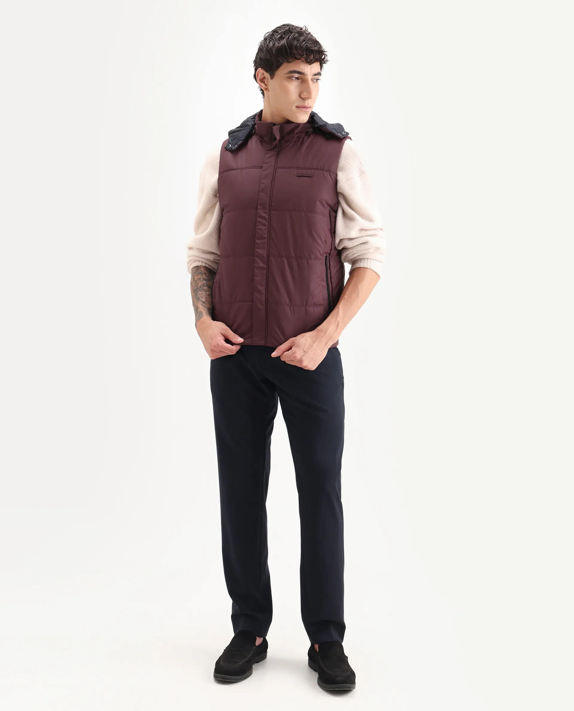 Rare Rabbit Men's Filly Maroon Plain Regular Fit Sleeveless High Neck Jacket - Image 7