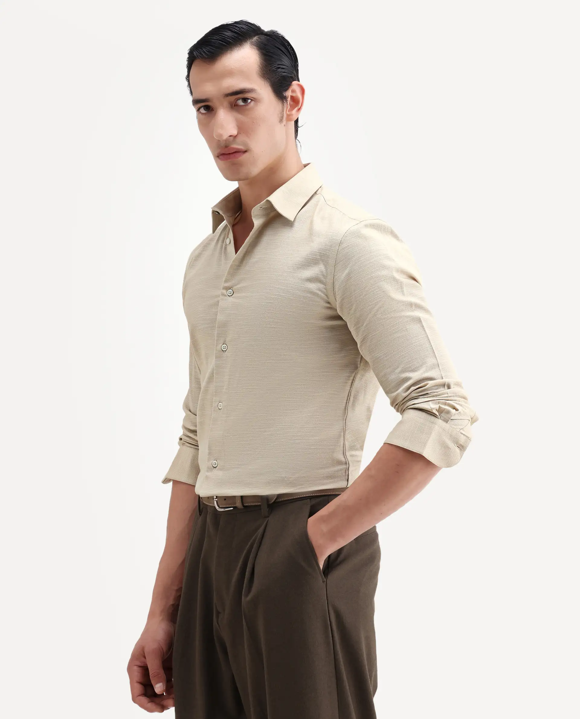 Rare Rabbit Men's Filo Light Grey Cotton Full Sleeve Spread Collar Regular Fit Plain Shirt - Image 4