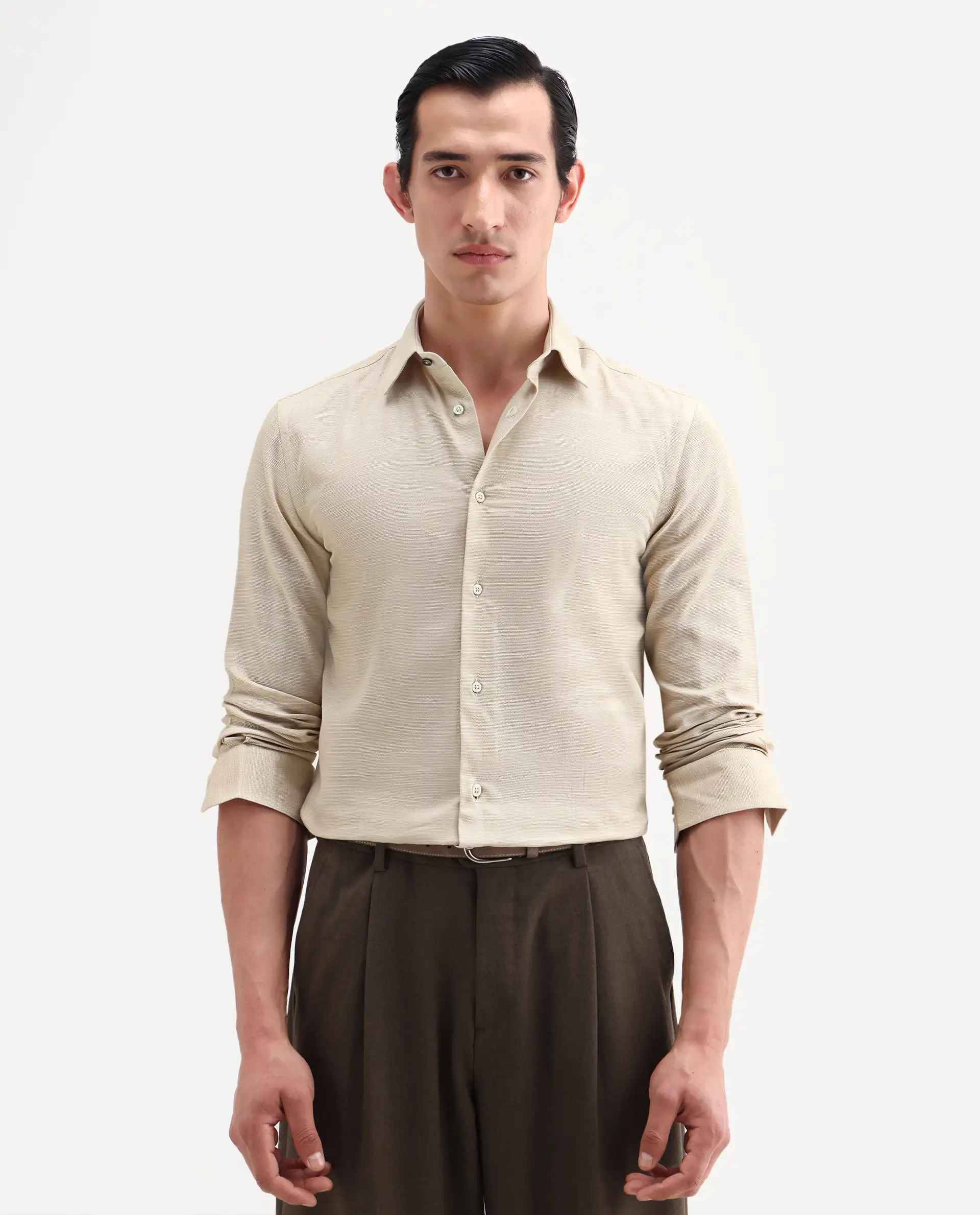 Rare Rabbit Men's Filo Light Grey Cotton Full Sleeve Spread Collar Regular Fit Plain Shirt - Image 5