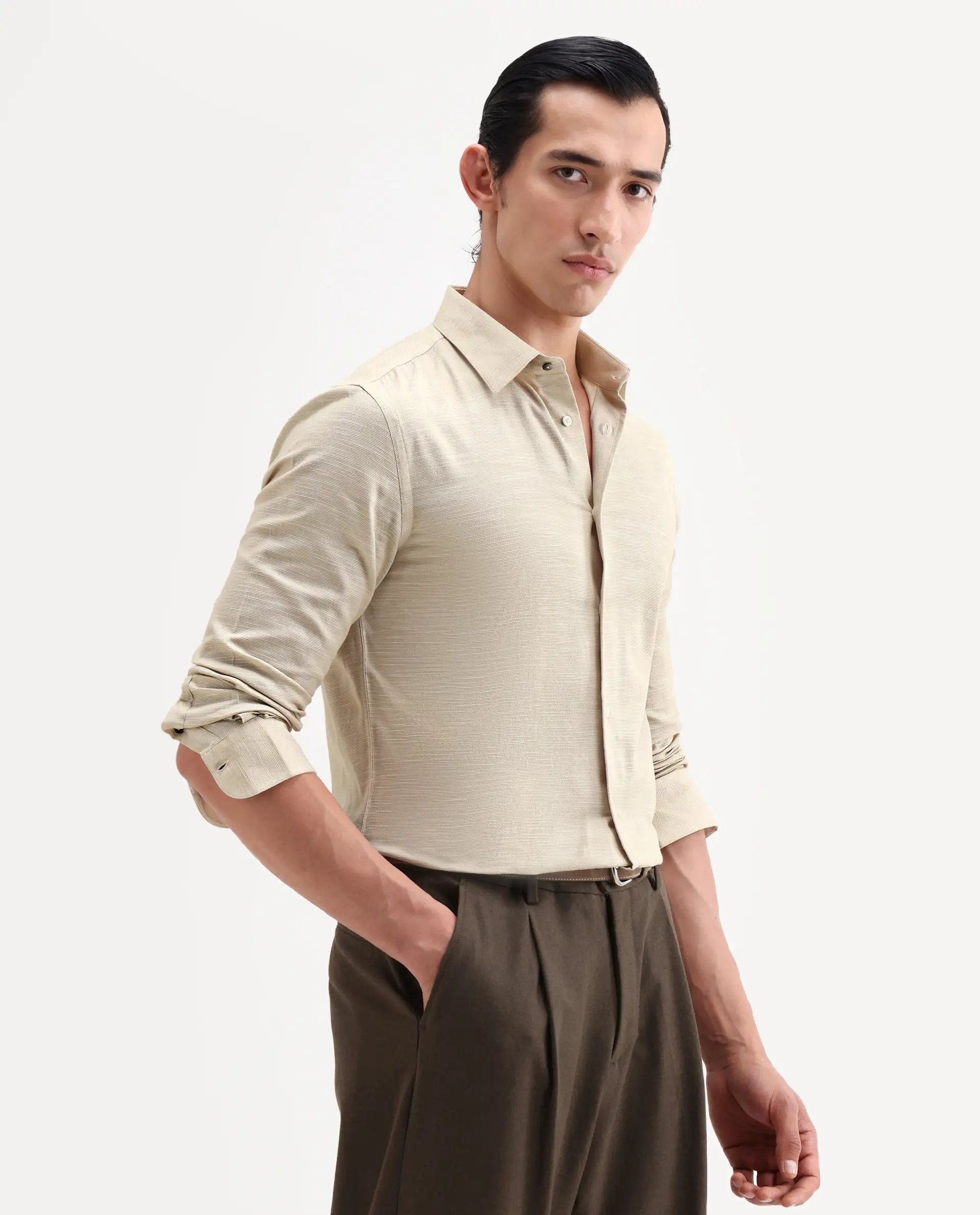 Rare Rabbit Men's Filo Light Grey Cotton Full Sleeve Spread Collar Regular Fit Plain Shirt - Image 6