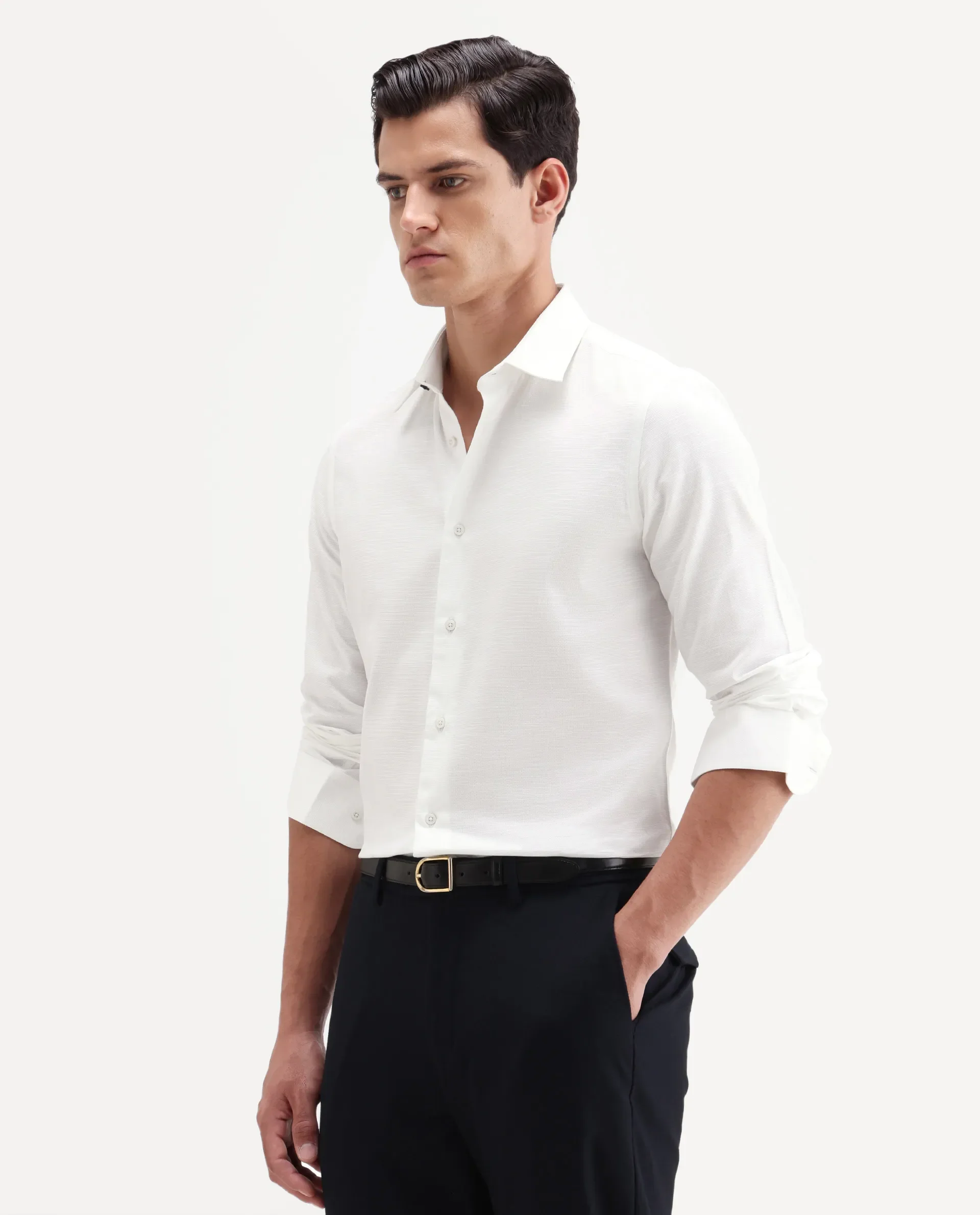 Rare Rabbit Men's Filo White Cotton Full Sleeve Spread Collar Regular Fit Plain Shirt - Image 4