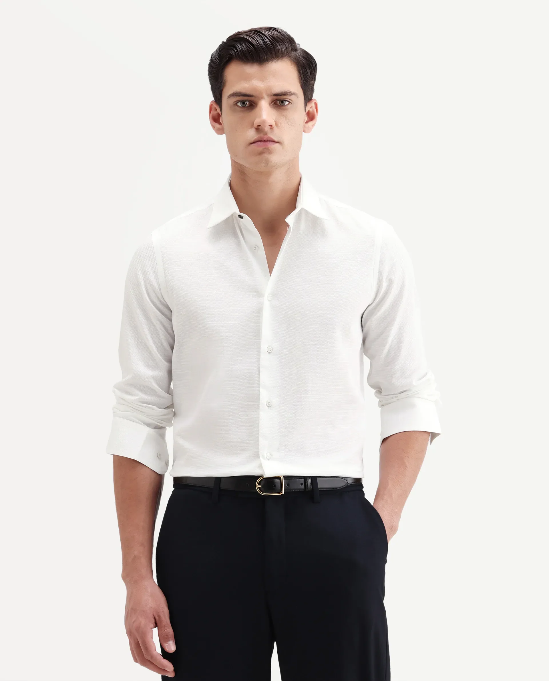 Rare Rabbit Men's Filo White Cotton Full Sleeve Spread Collar Regular Fit Plain Shirt - Image 5