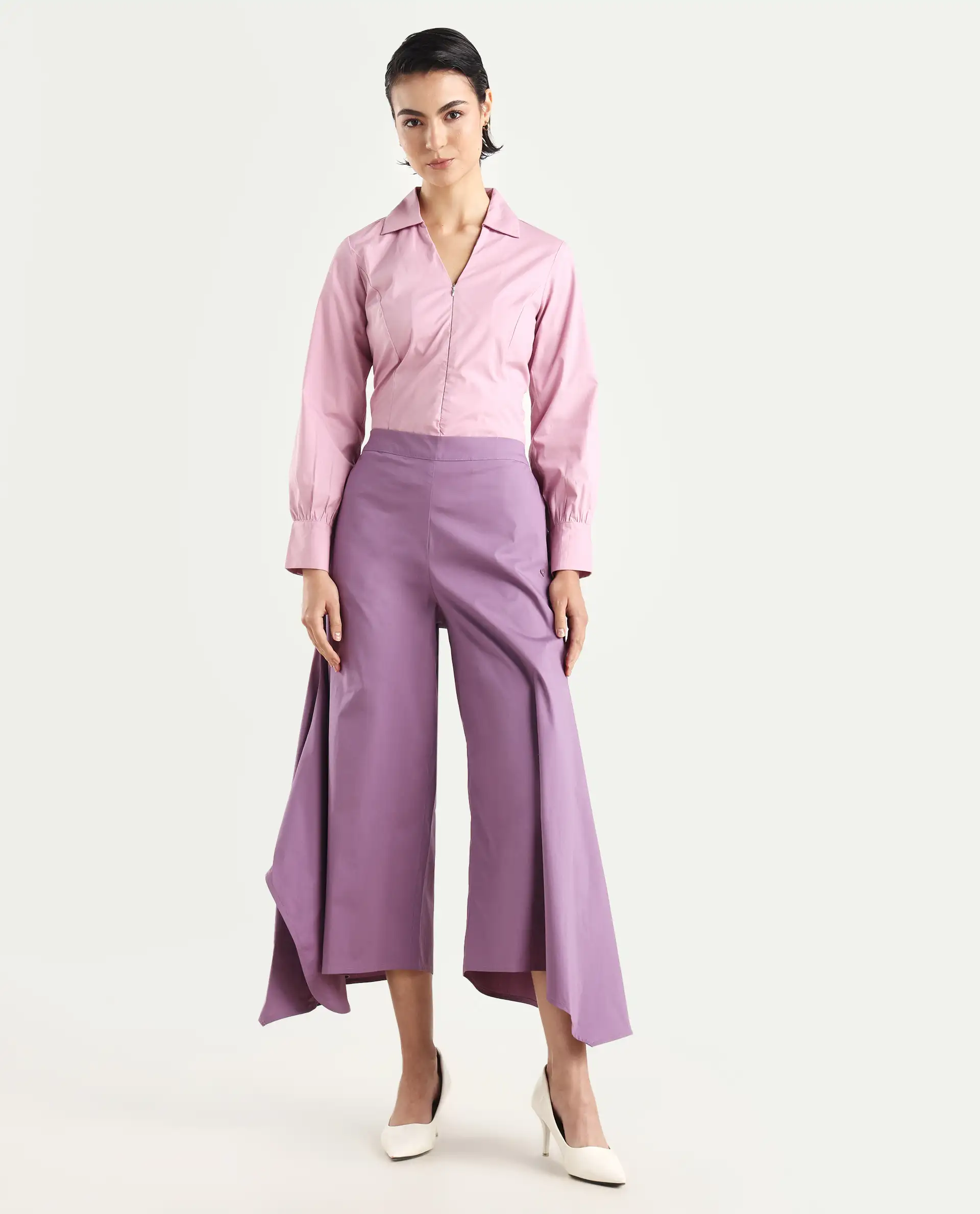 Rareism Women's Filom Dusky Purple Cotton Blend Plain Ankle Length Flared Trouser - Image 3