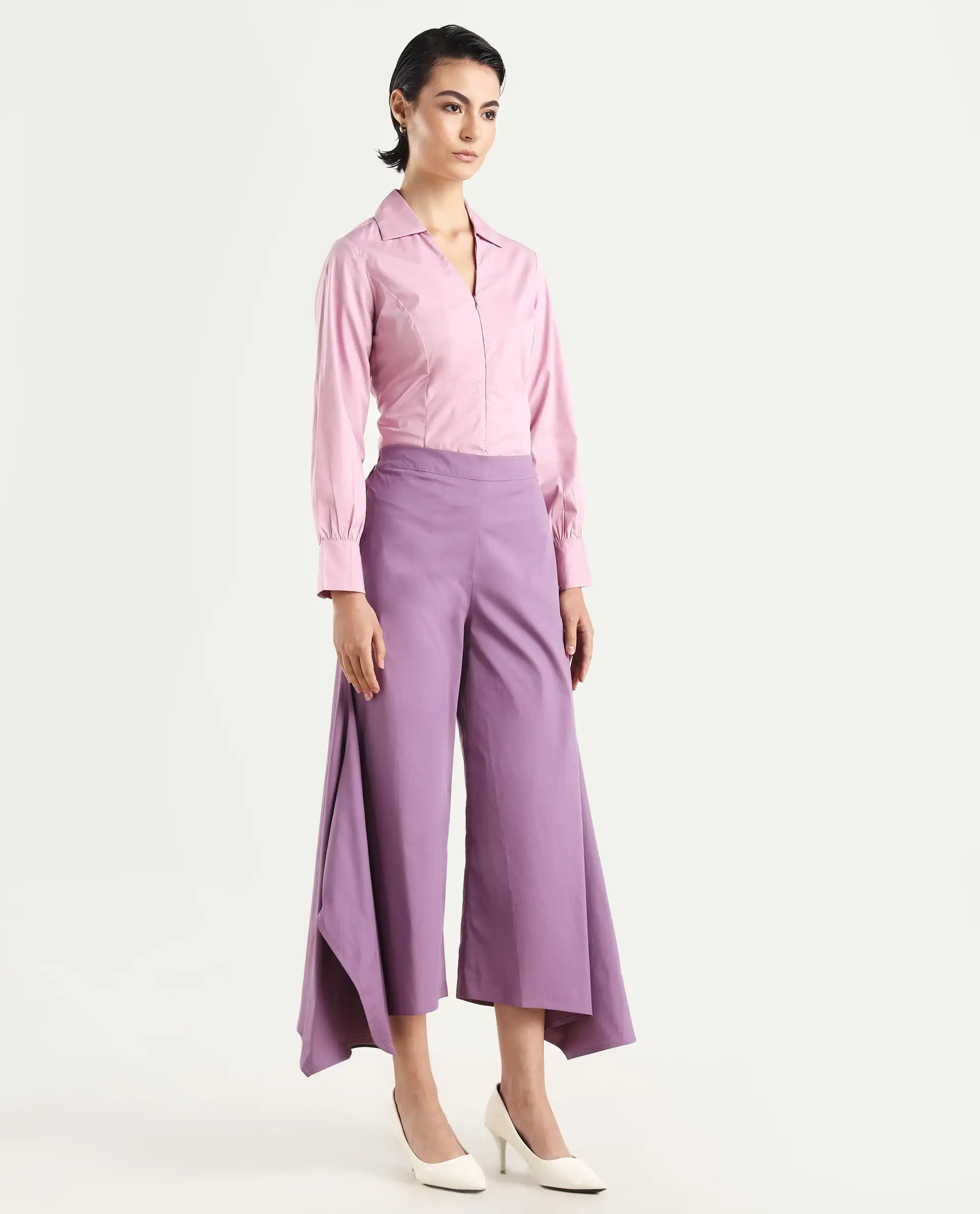 Rareism Women's Filom Dusky Purple Cotton Blend Plain Ankle Length Flared Trouser - Image 8