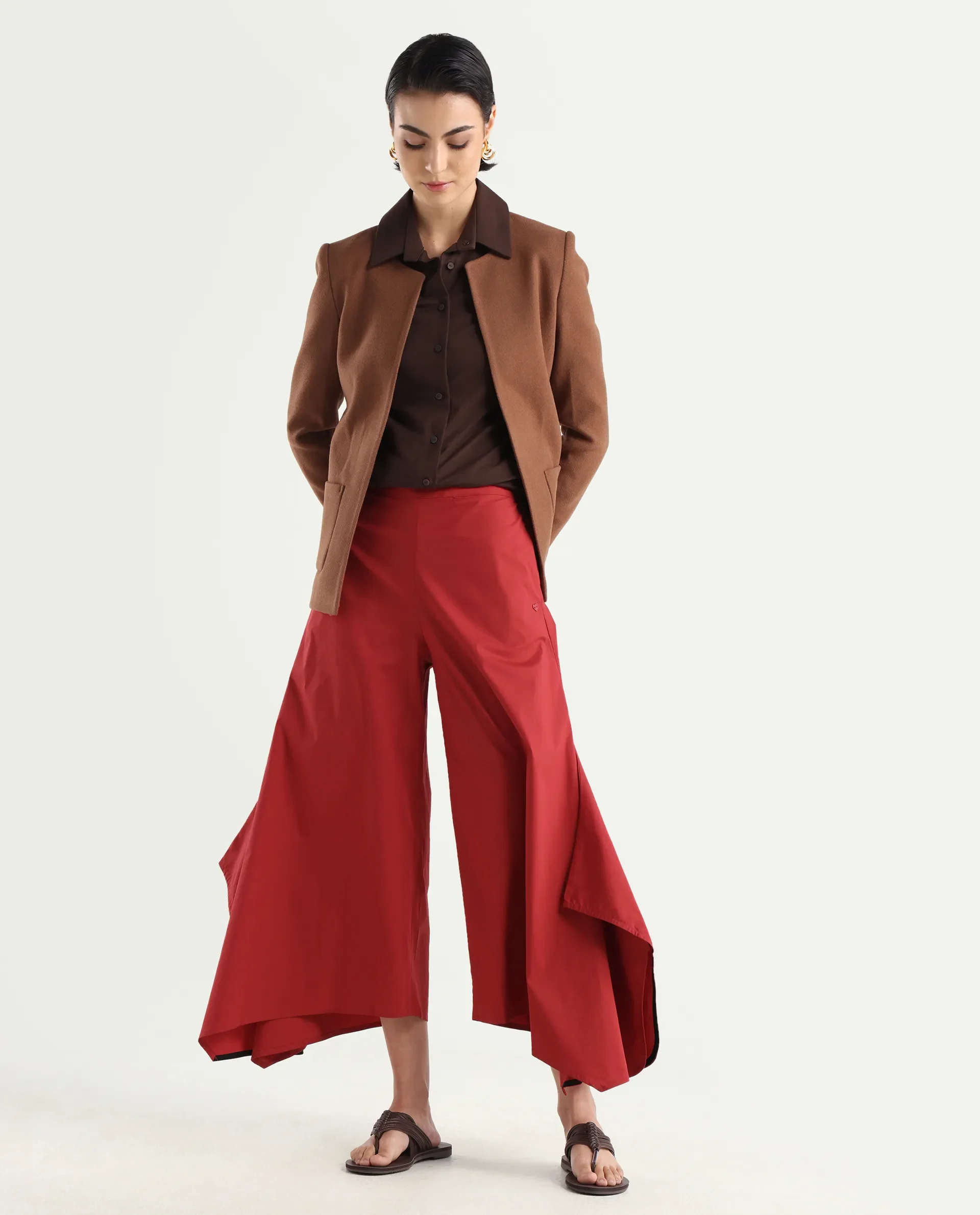Rareism Women's Filom Red Cotton Blend Plain Ankle Length Flared Trouser - Image 2